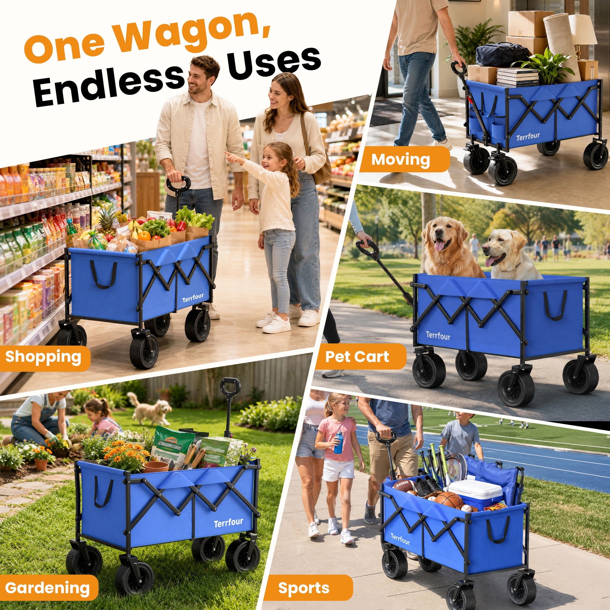 Terrfour Collapsible Wagon Cart, Folding Utility Heavy Duty Wagons for Grocery Sports Garden Shopping Camping, Blue