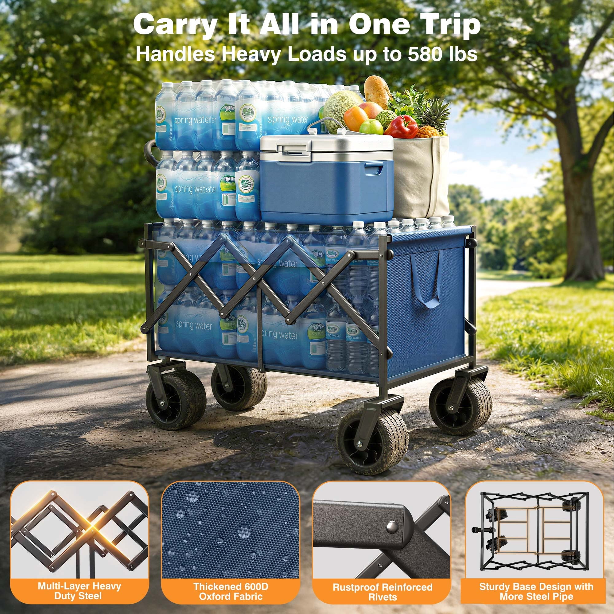 Terrfour Collapsible Wagon Cart with Tank Wheels, 580LBS Heavy Duty Folding Beach Wagon for Camping Garden Sports Shopping, Navy Blue
