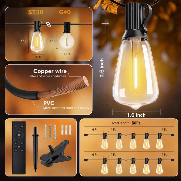 Mylorn Solar Outdoor String Lights 120FT（60FT*2), ST38 LED Bulbs 50+2, 2700K Warm White Dimmable with Remote, 3 Modes, 2FT Spacing, IP65 Waterproof Patio Lights for Balcony Cafe Yard Garden Decor