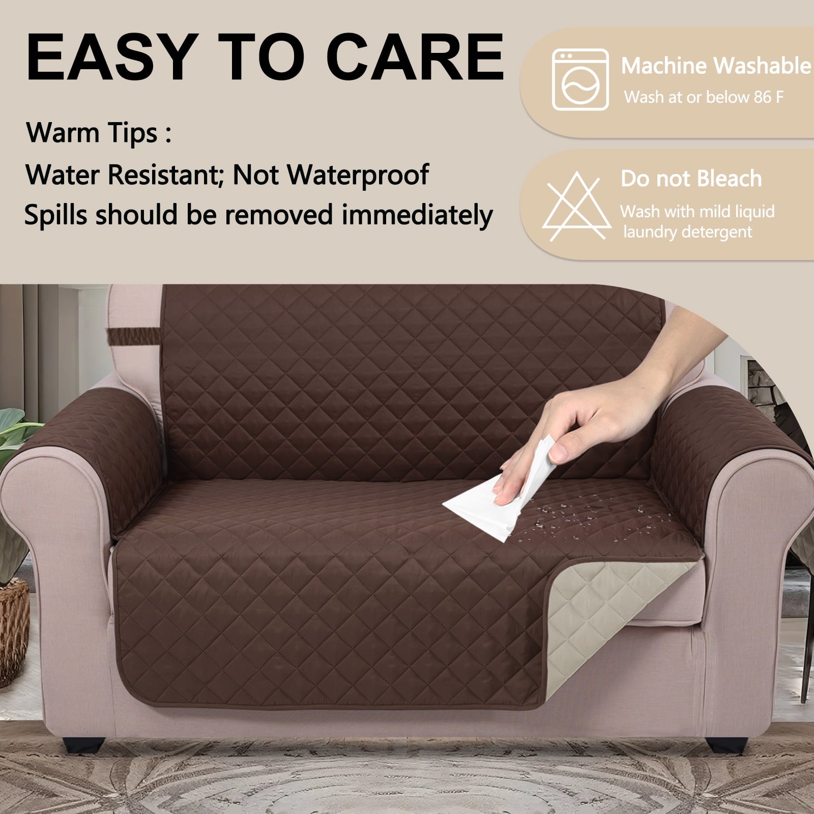 U-NICE HOME Reversible Sofa Cover 3-Seater, Washable, Water Repellent, Elastic Straps, Chocolate/Beige