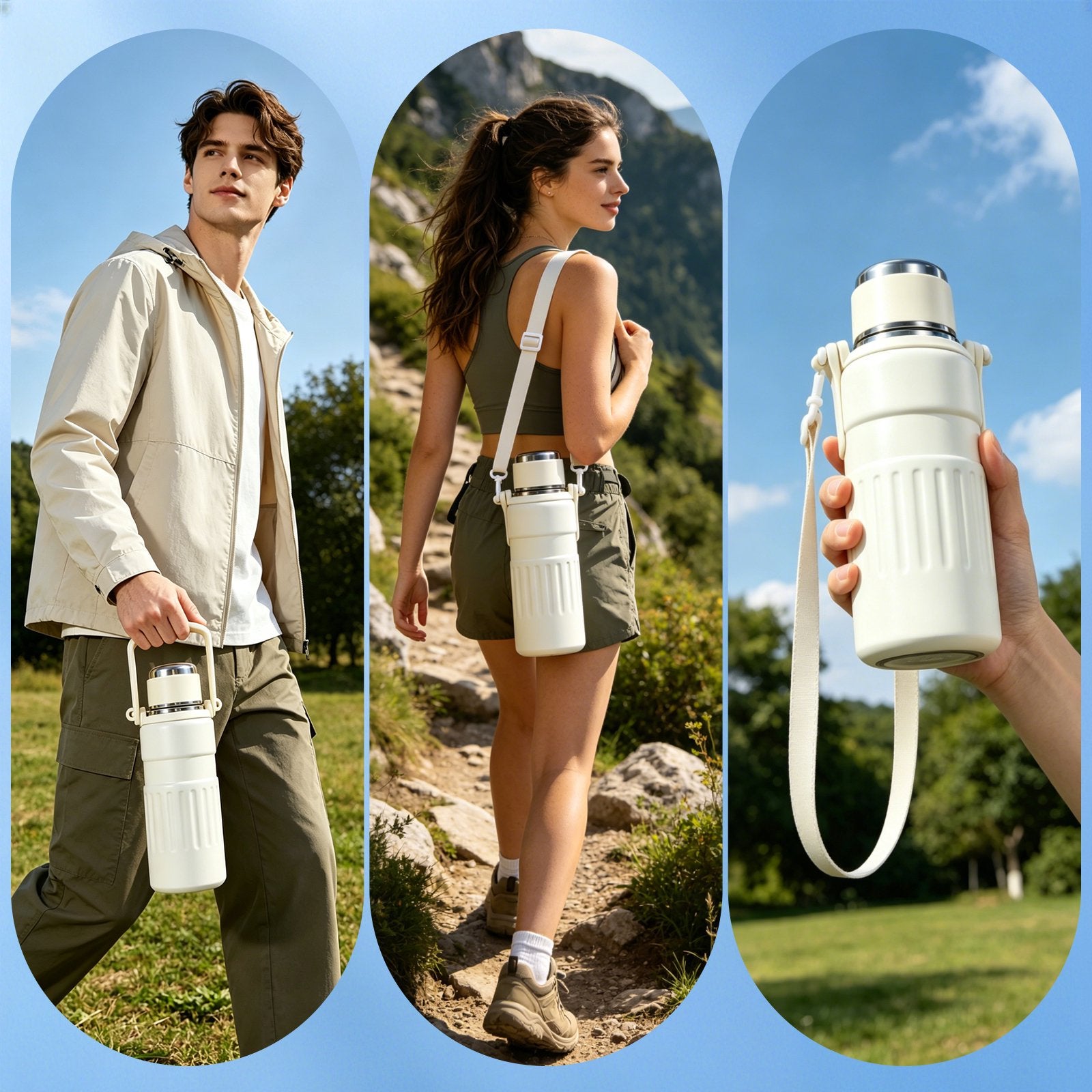 3-in-1 Insulated Water Bottle, 34oz Leakproof Stainless Steel Thermos with Straw & Spout Lid, 316 Stainless Steel Interior(Beige), Handle & Adjustable Strap for Work, Gym, Travel & Hot or Cold Drinks