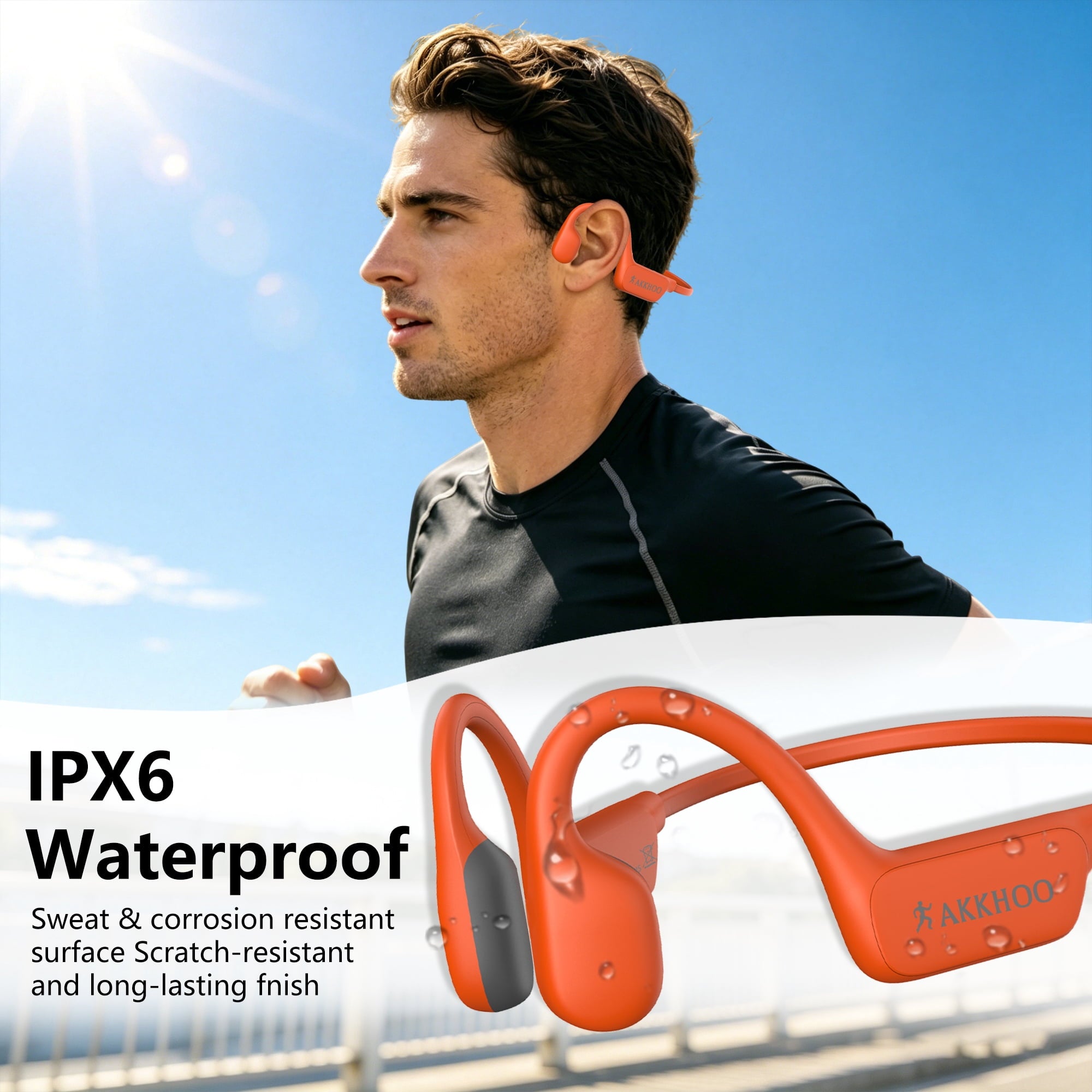 AKKHOO Open Ear Bone Conduction Headphones, Wireless Bluetooth Sports Headphones with ENC Mic, 12H Playtime, IPX6 Waterproof Running Headphones for Gym, Outdoor