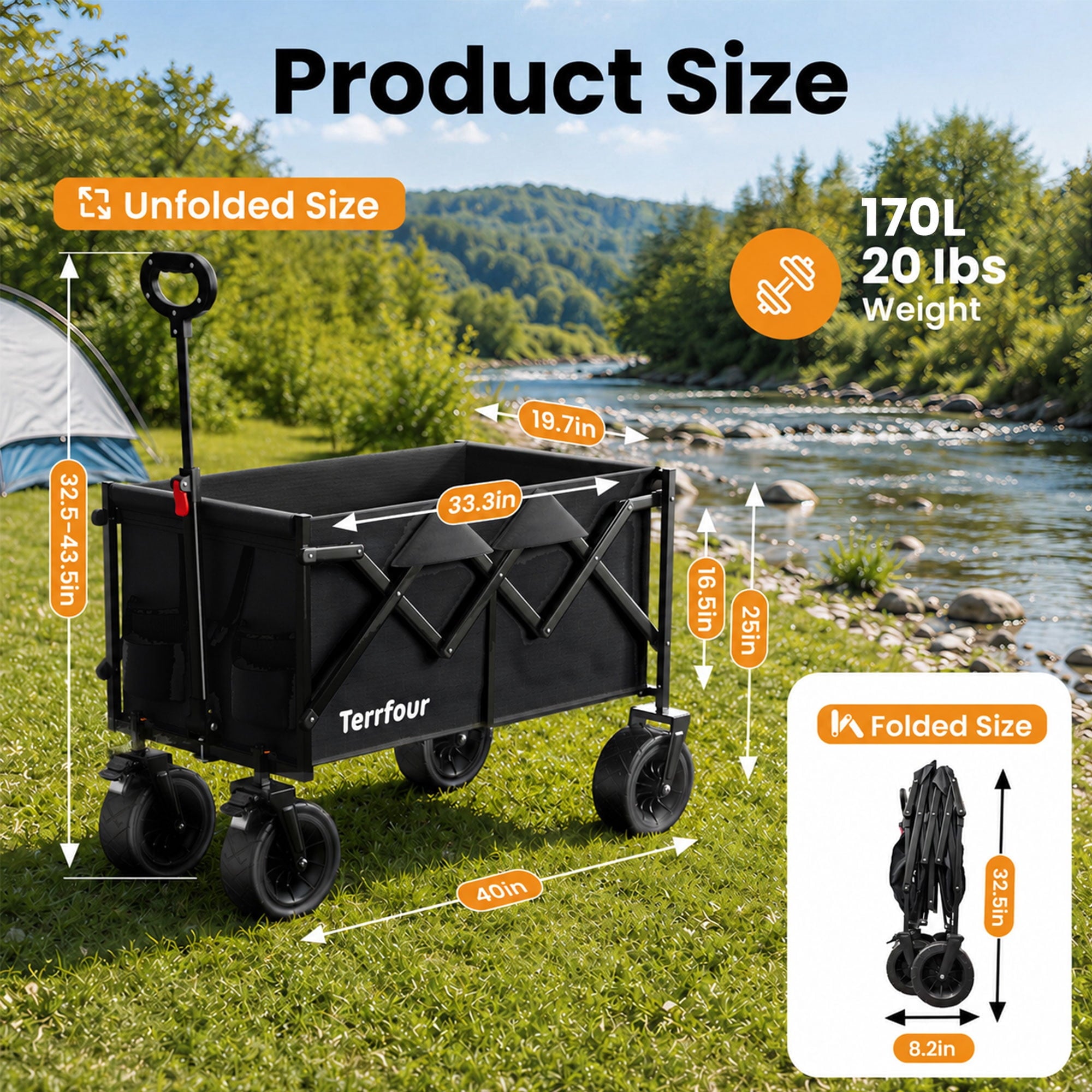 Terrfour Collapsible Folding Wagon, 580LBS Portable Heavy Duty Utility Cart for Grocery, Shopping, Garden, Sports, Camping, Black