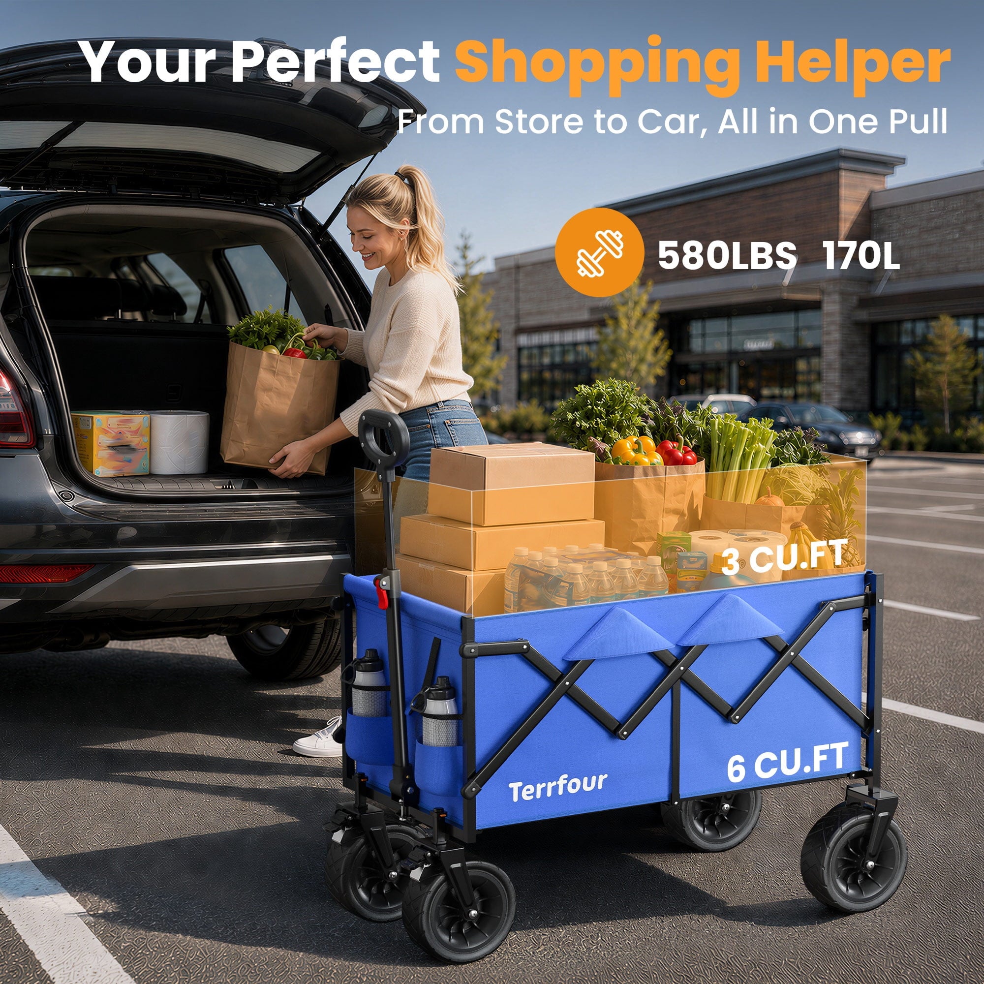 Terrfour Collapsible Wagon Cart, Folding Utility Heavy Duty Wagons for Grocery Sports Garden Shopping Camping, Blue