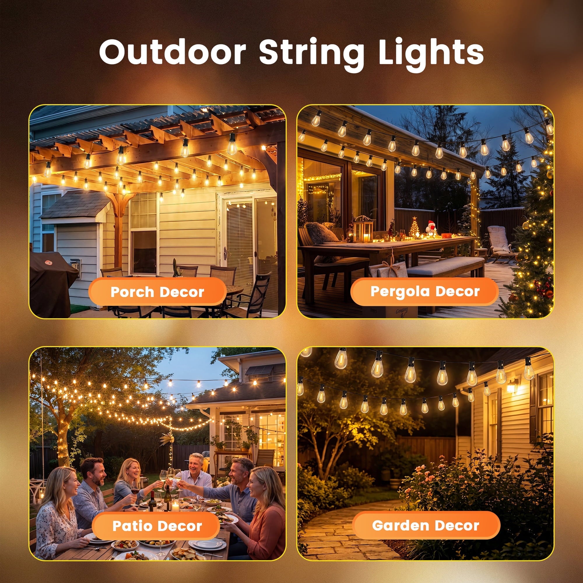 Mylorn Solar Outdoor String Lights 120FT(60FT*2), S14 LED Bulbs 50+2, 2700K Warm White Dimmable with Remote, 3 Modes, 2FT Spacing, Patio Lights for Balcony Cafe Yard Garden Decor