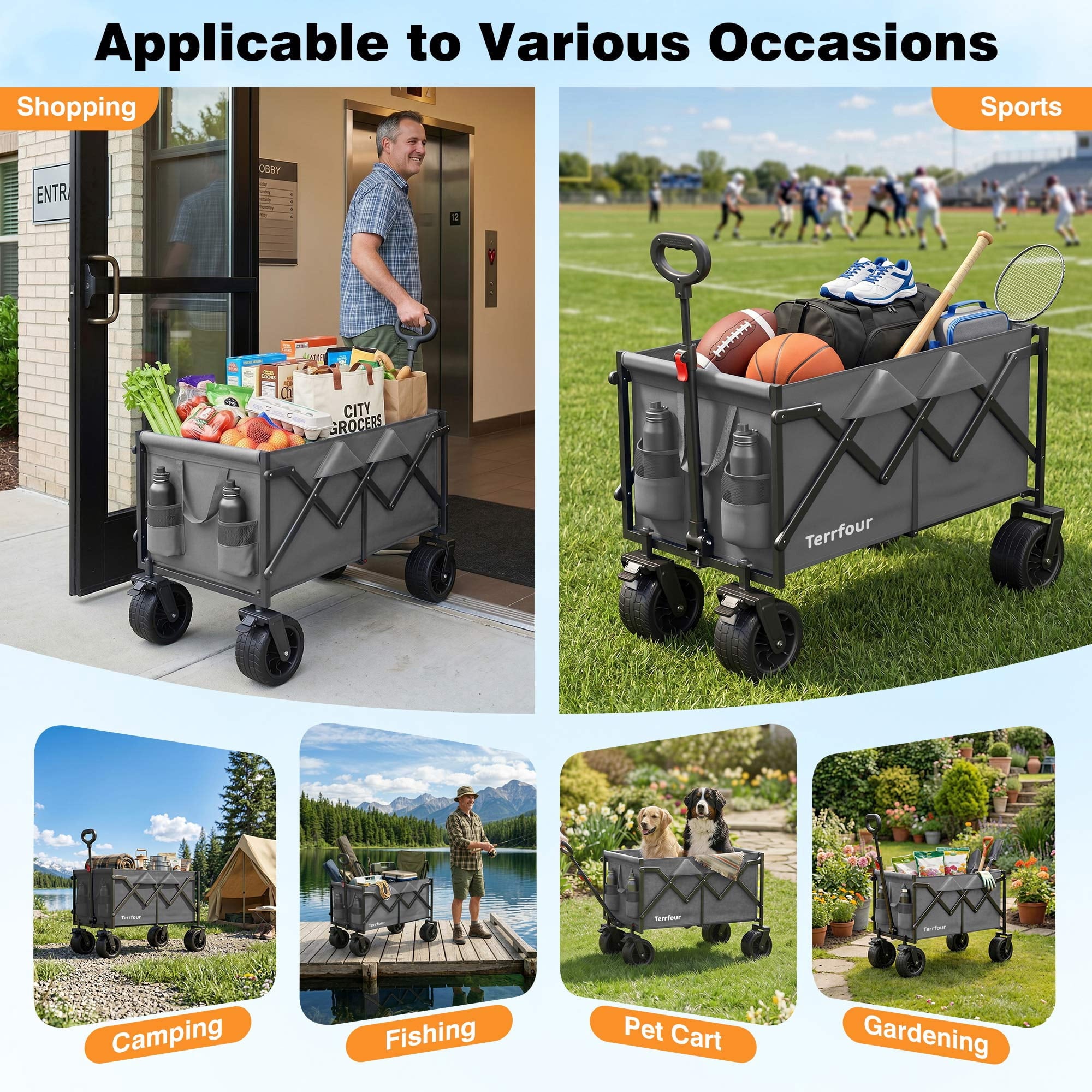 580LBS Portable Foldable Wagon Cart, Collapsible Utility Heavy Duty Wagons Carts for Grocery Sports Garden Shopping Camping,Gray