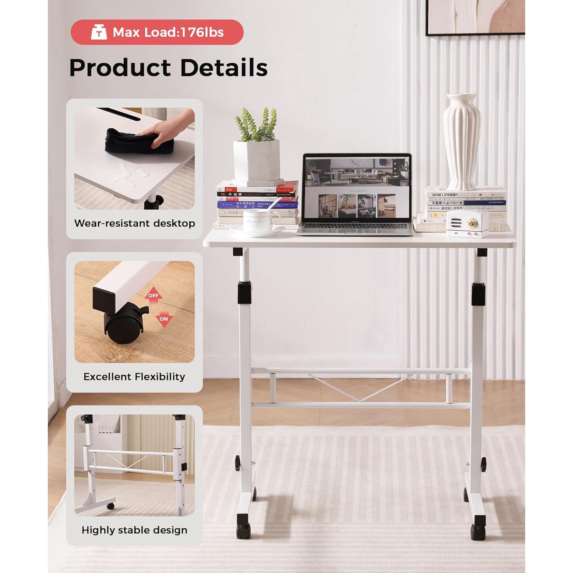 KLSMYHOKI Standing Desk Adjustable Height, Mobile Stand Up Desk with Wheels Small Computer Desk Rolling Desk, Portable Laptop Desk White Standing Table Home Office Desks 16"x31.5" Height 27"-43.5"