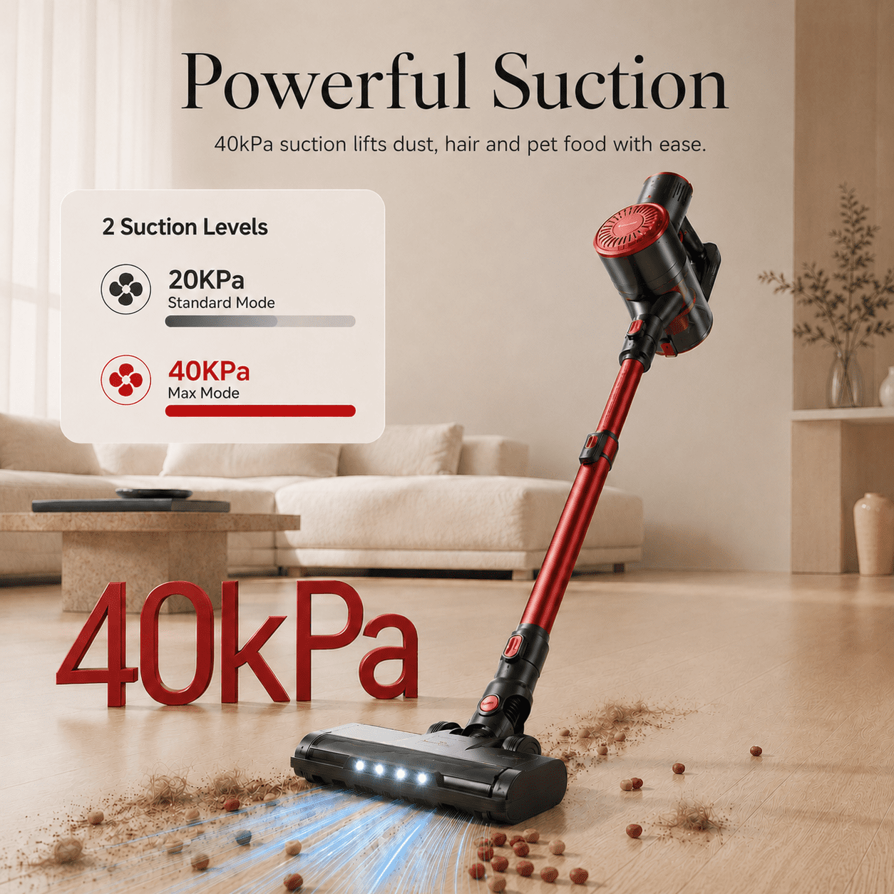 ANSFIL Cordless Vacuum Cleaner 40KPA/55min/2600mAh Lightweight Stick Vacuum for Home Pet Hair Carpet Hard Floor