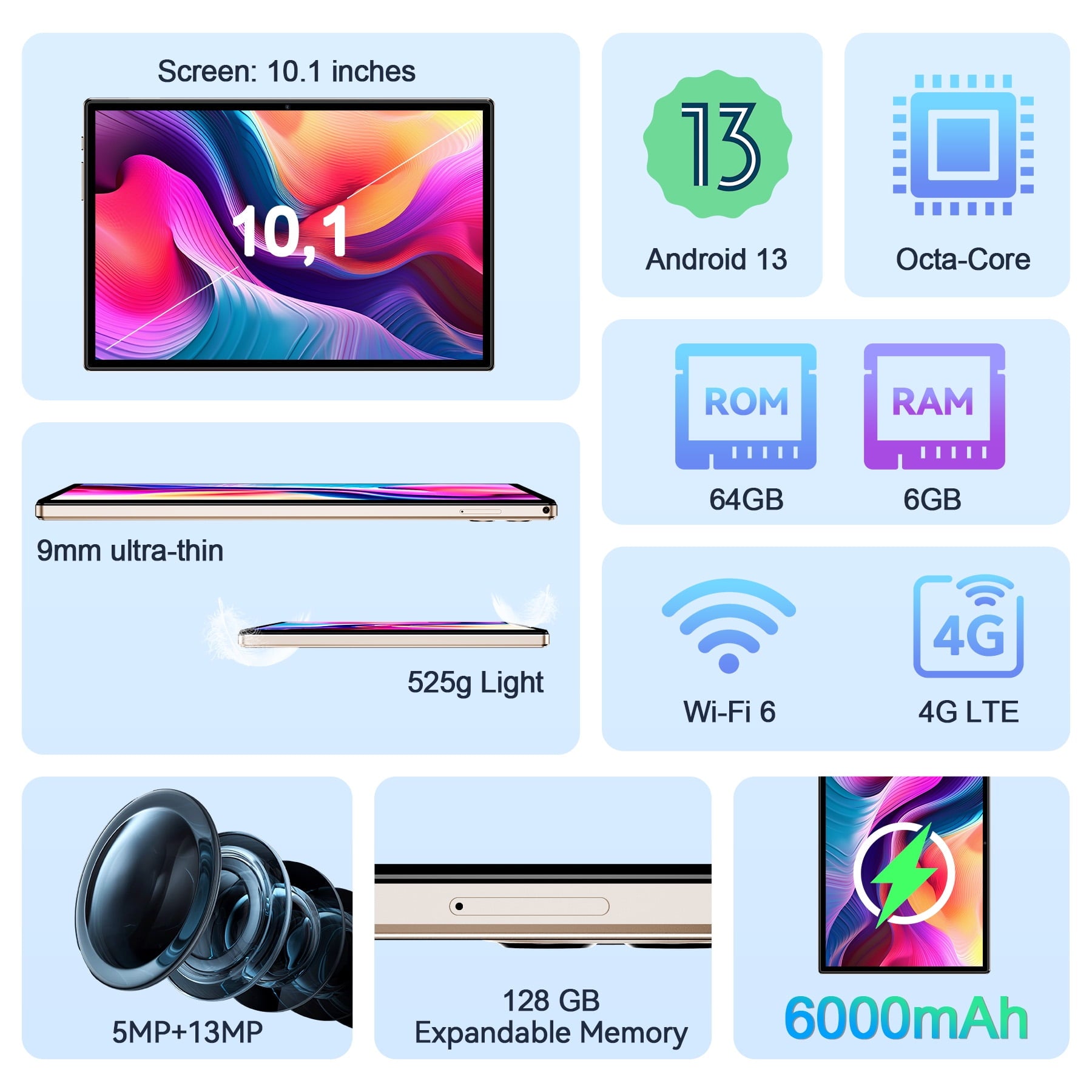 VEAT00L Tablet,10.1 inch Android 13 Tablets 2026,6GB RAM 64GB ROM 128GB Expand,Octa-Core Processor up with 5G WiFi,1280x800 IPS HD Touchscreen,6000mAh Battery, Bluetooth, Dual Camera, GMS