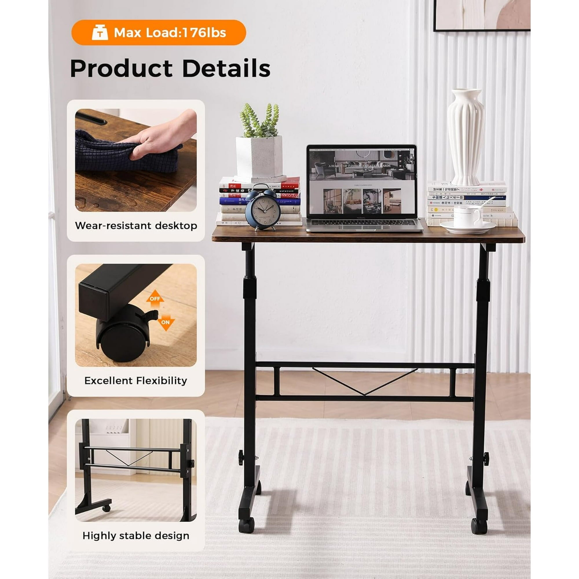 KLSMYHOKI Standing Desk Adjustable Height, Mobile Stand Up Desk with Wheels Small Computer Desk Rolling Desk, Portable Laptop Desk Rustic Standing Table Home Office Desks 16"x31.5" Height 27"-43.5"