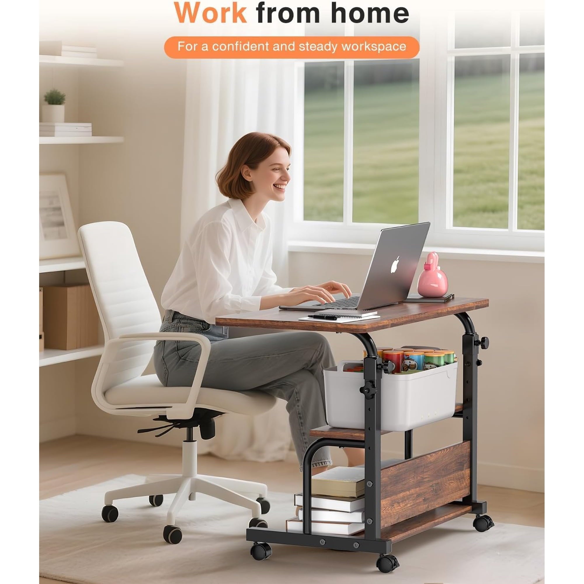 KLSMYHOKI Portable Rolling Desk on Wheels Adjustable Height Desks for Small Spaces, 32" Computer Desk Drafting Tables with Storage Shelves for Home Office ,Rustic
