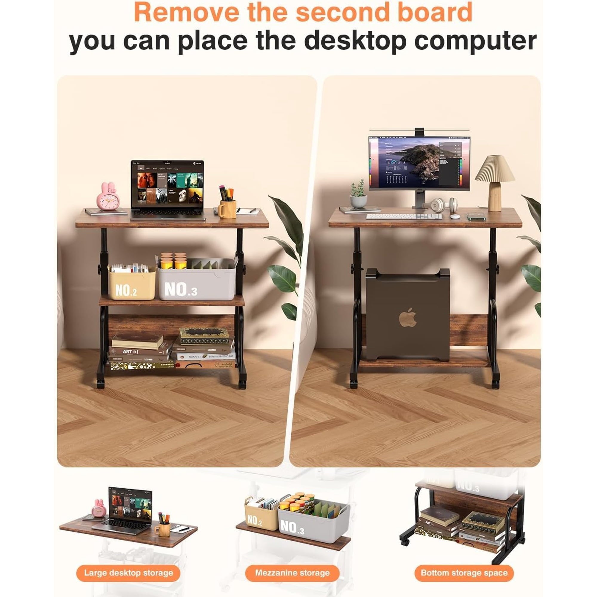 KLSMYHOKI Portable Rolling Desk on Wheels Adjustable Height Desks for Small Spaces, 32" Computer Desk Drafting Tables with Storage Shelves for Home Office ,Rustic