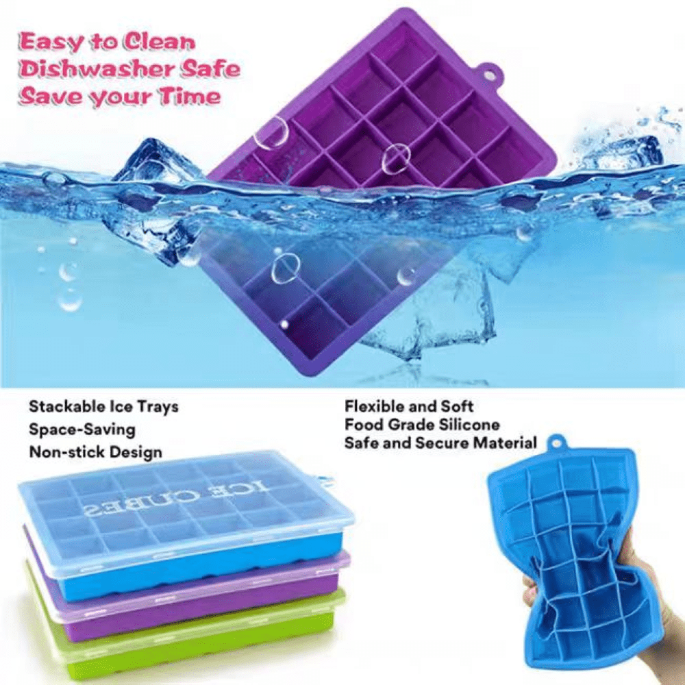 Ice Cube Tray, 3 Pack Silicone Ice Cube Molds, Ice Cube Trays, Silicone Ice Trays, Easier to Release, BPA Free for Alcohol/Coffee/Beverages (Blue, Green, Purple;)