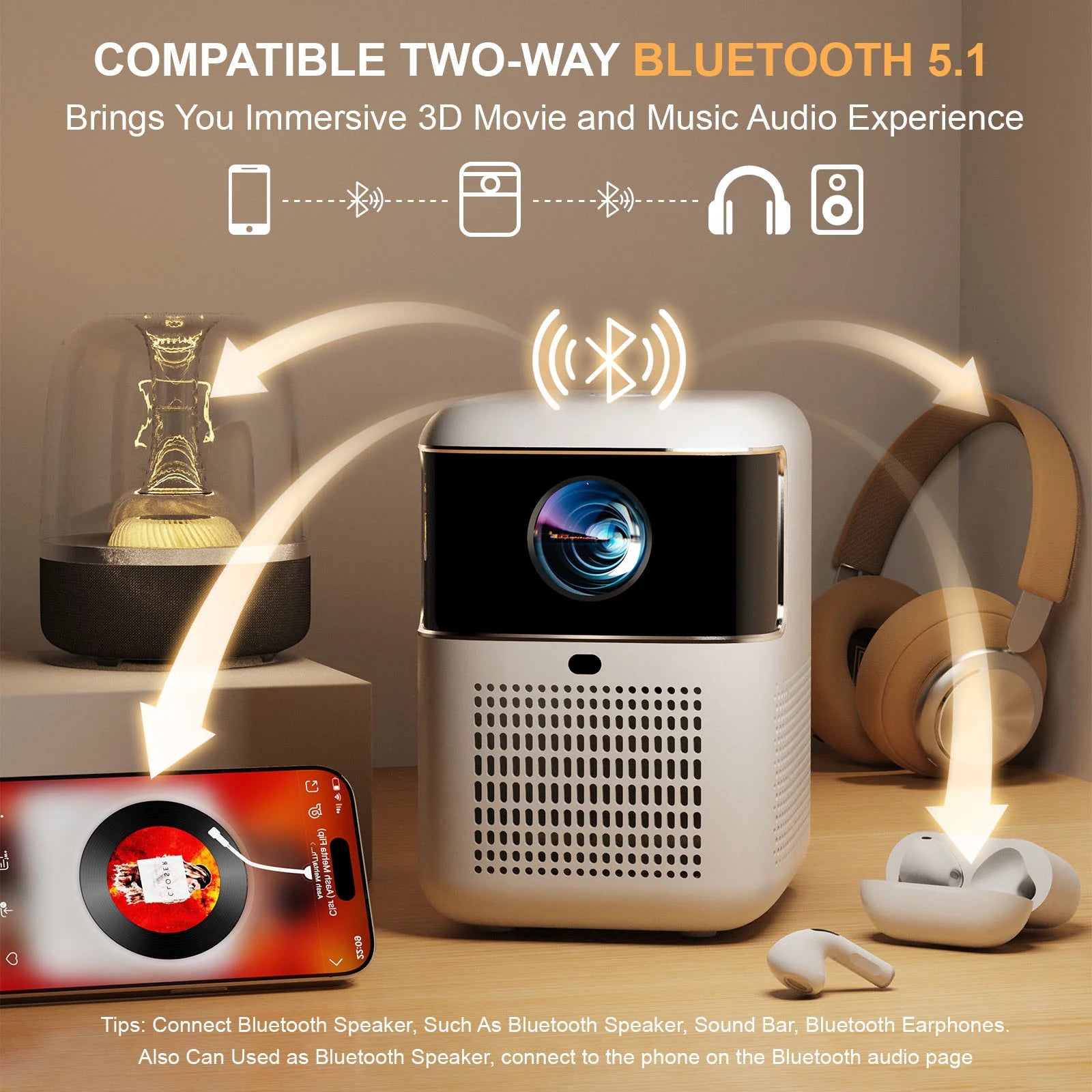 [Electric Focus] WiFi Bluetooth Projector, Bolumin Full HD Native 1080P Projector, Portable Outdoor Movie Projector, 300" Display Home Video Projector, Compatible with iOS/Android/TV Stick/HDMI/USB