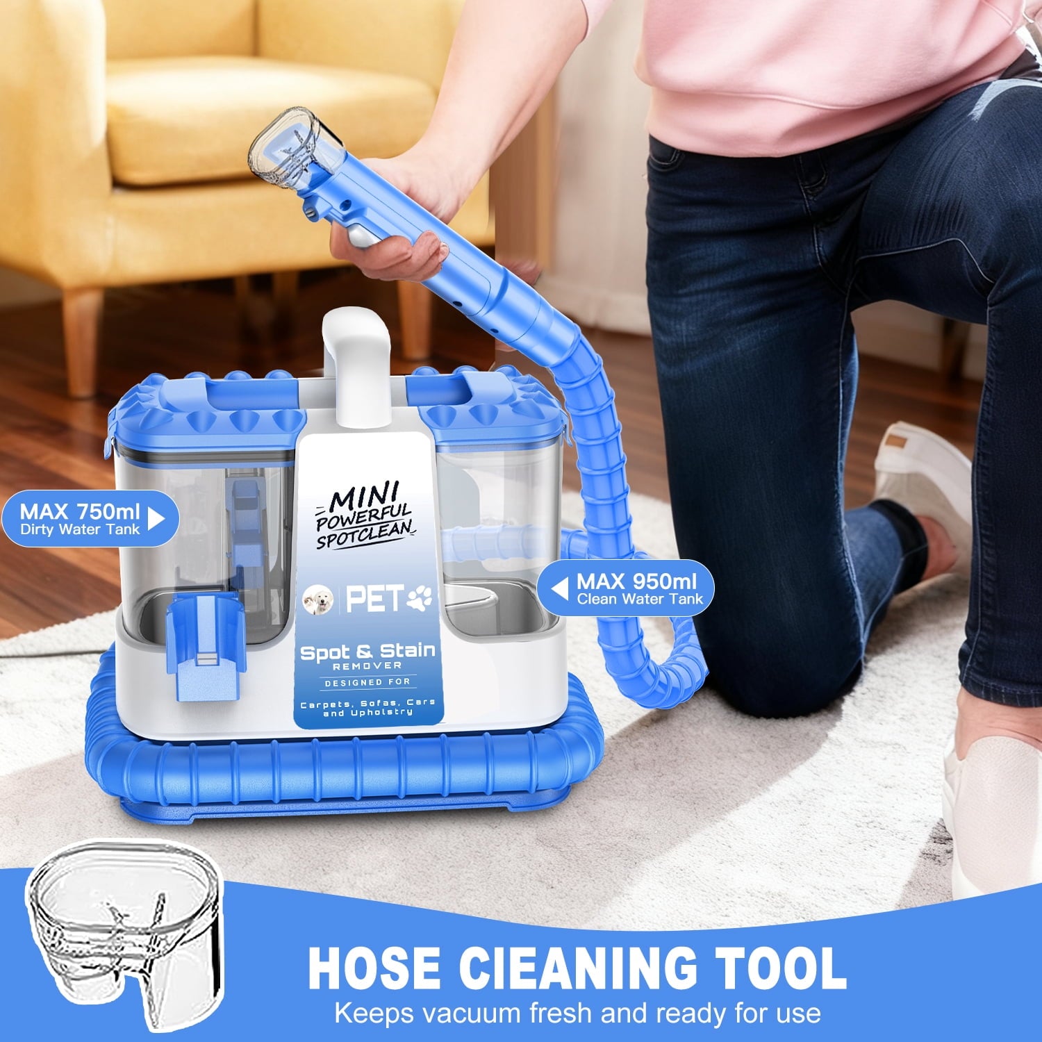 SUXIANGVAC Portable Carpet and Upholstery Spot Cleaner Machine, 30Kpa Powerful Suction with 5 Cleaning Tools, 17oz Cleaning Solution, Lightweight Compact Design, Deep Clean for Car, Home, Blue