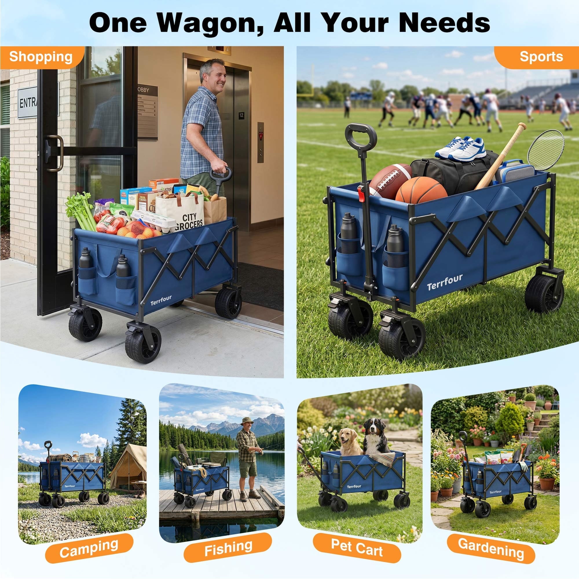 Terrfour Collapsible Wagon Cart with Tank Wheels, 580LBS Heavy Duty Folding Beach Wagon for Camping Garden Sports Shopping, Navy Blue