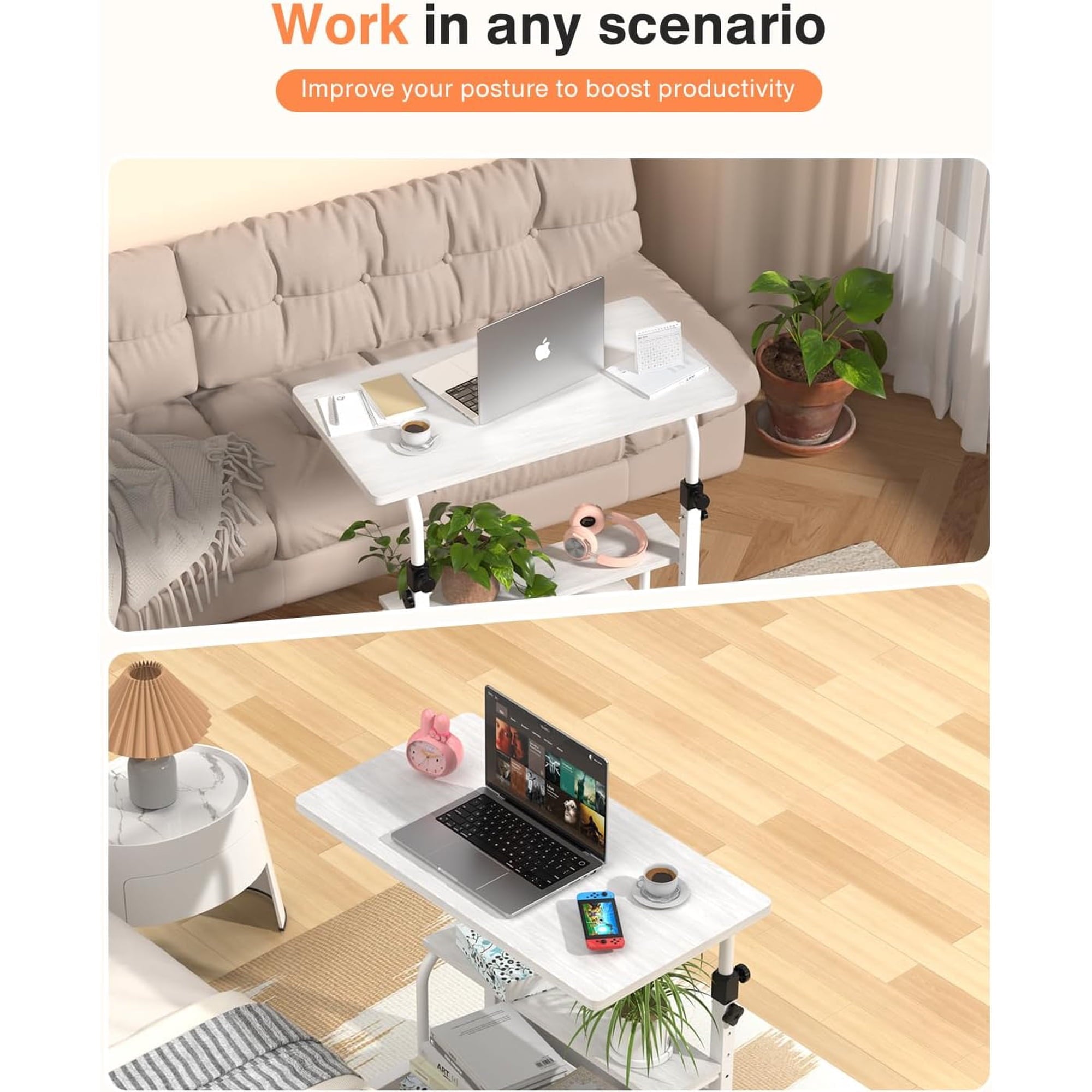 KLSMYHOKI Portable Desk with Wheels Small Standing Desk on Wheels Adjustable Height Rolling Desks for Small Spaces, 32" Computer Desks with Storage Shelves for Home Office Study White