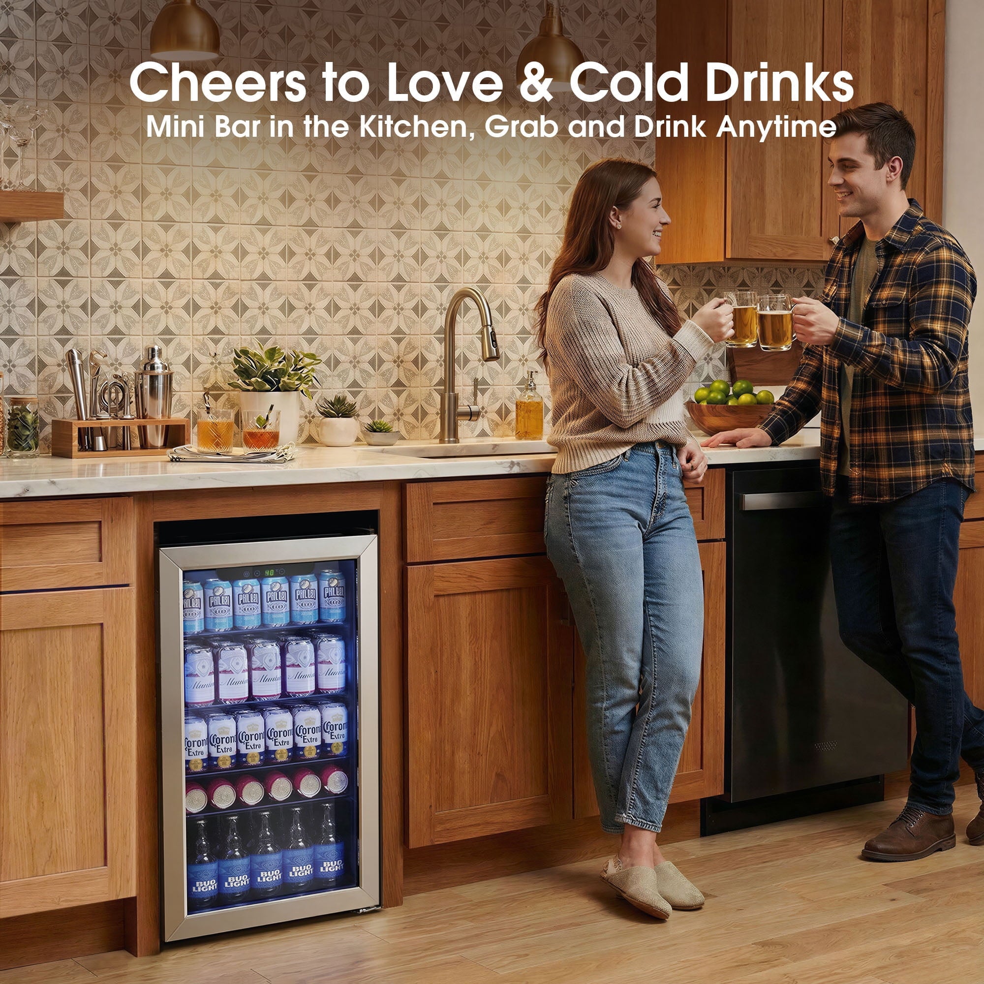 Qunler 130 Can Beverage Cooler Refrigerator with Glass Door for Beer Soda Water, Drink Fridge for Home Bar, Silver