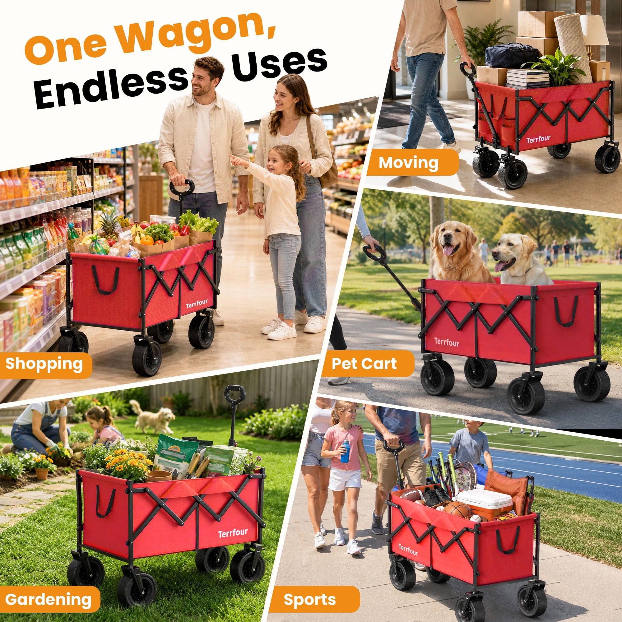 Terrfour 580LBS Collapsible Folding Wagon, Heavy Duty Utility Cart for Grocery, Shopping, Garden, Sports, Camping, Red