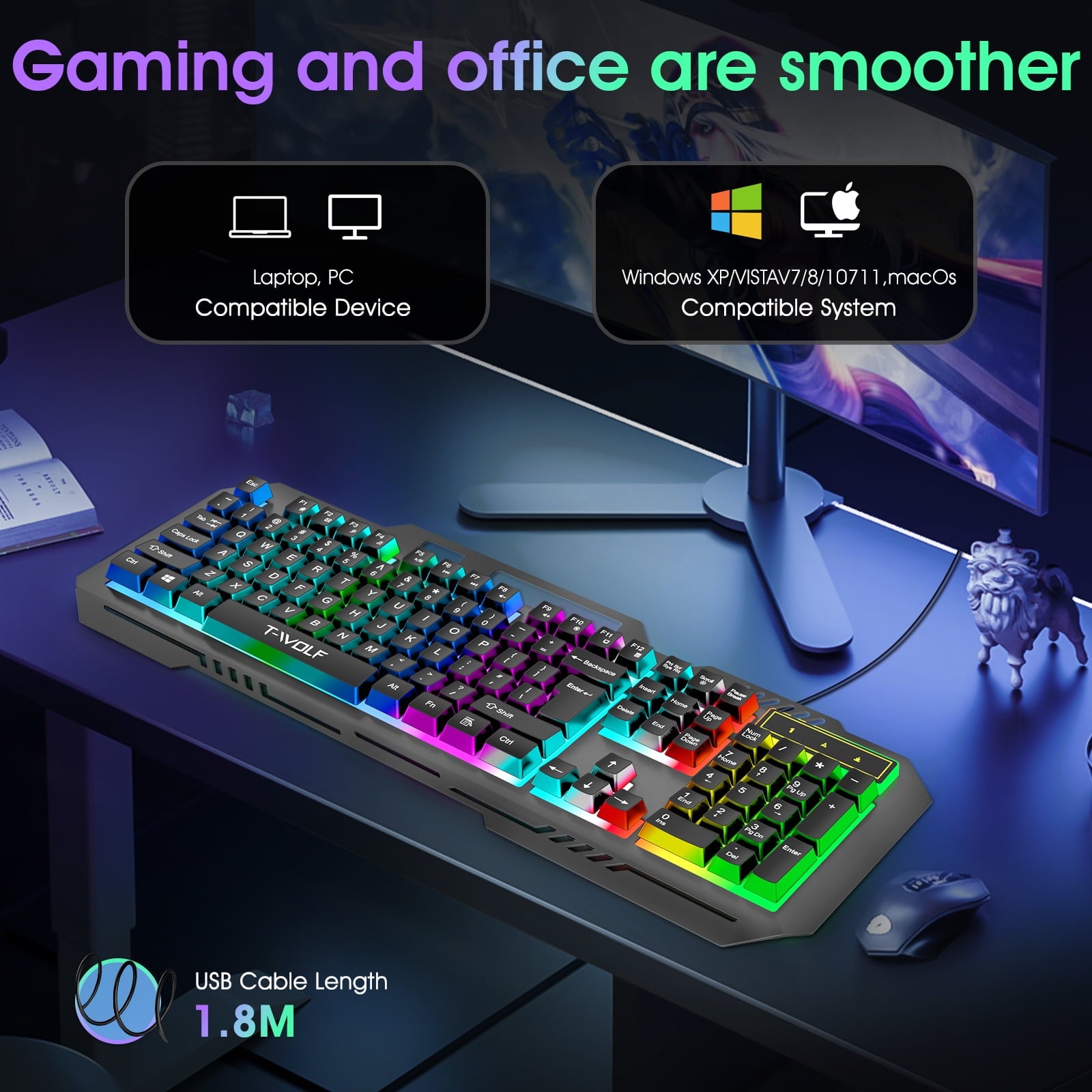 Muzpu Gaming Keyboard,Mechanical Keyboard,Wired Keyboard,IP57 Waterproof,Ultra Sensitive & Quiet Response,RGB Gaming Backlit Keyboard for PC/Mac Gamers,Black