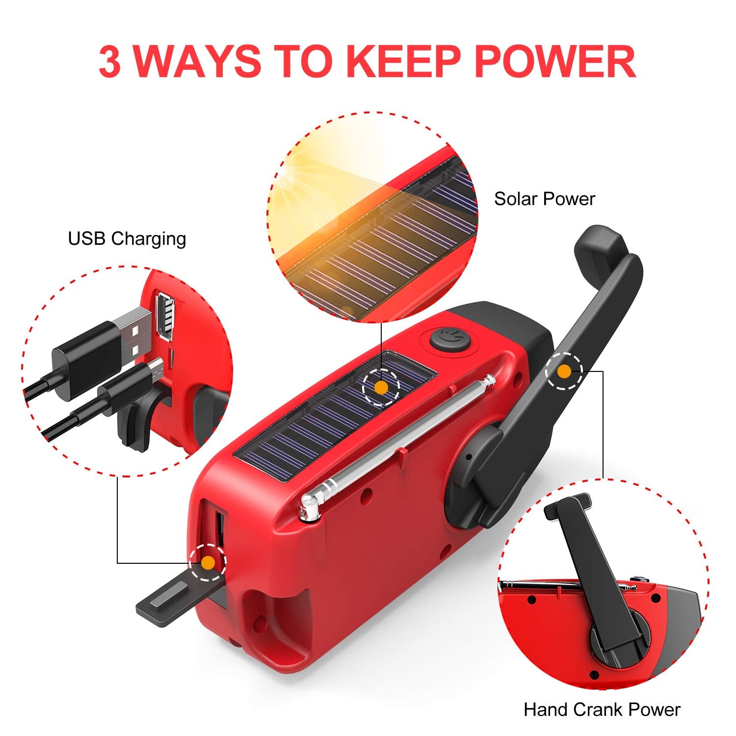 Qunler NOAA Weather Emergency Radio, 7400mWh/2000mAh AM/FM/WB Hand Crank Solar Radio, Portable Power Bank, Weather Alert, Flashlight for Outdoor Use