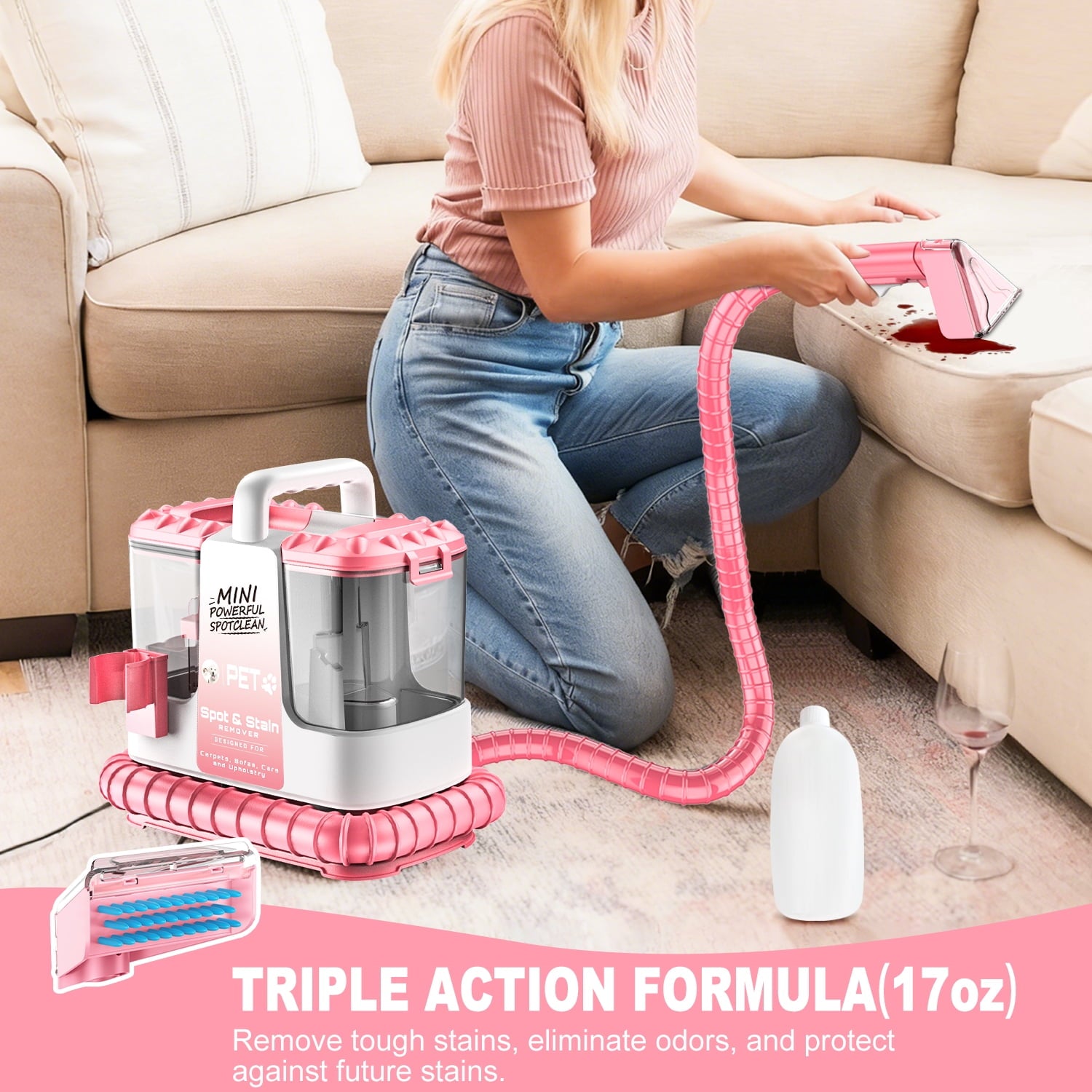 SUXIANGVAC Portable Carpet and Upholstery Spot Cleaner Machine, 30Kpa Powerful Suction with 5 Cleaning Tools, 17oz Cleaning Solution, Lightweight Compact Design, Deep Clean for Car, Home, Pink