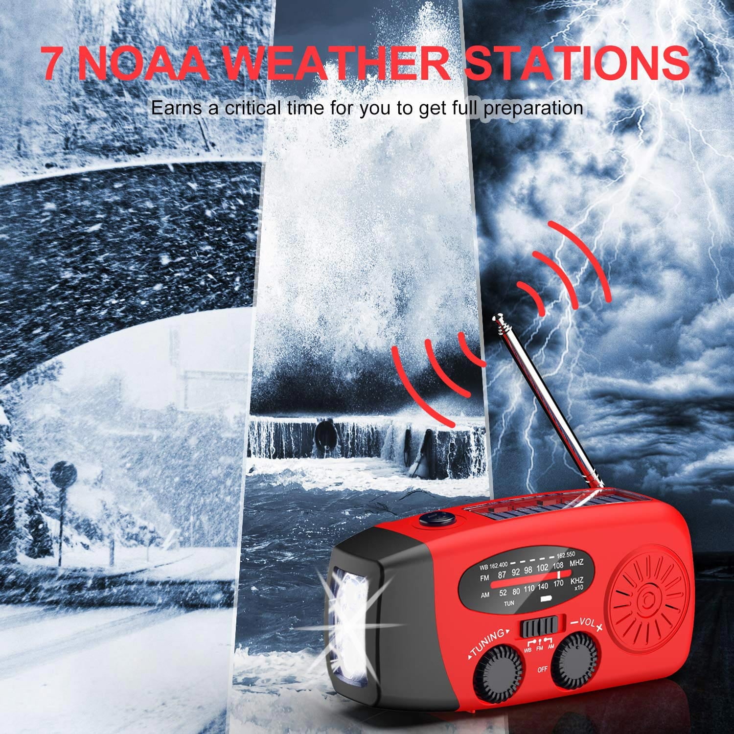 Qunler NOAA Weather Emergency Radio, 7400mWh/2000mAh AM/FM/WB Hand Crank Solar Radio, Portable Power Bank, Weather Alert, Flashlight for Outdoor Use