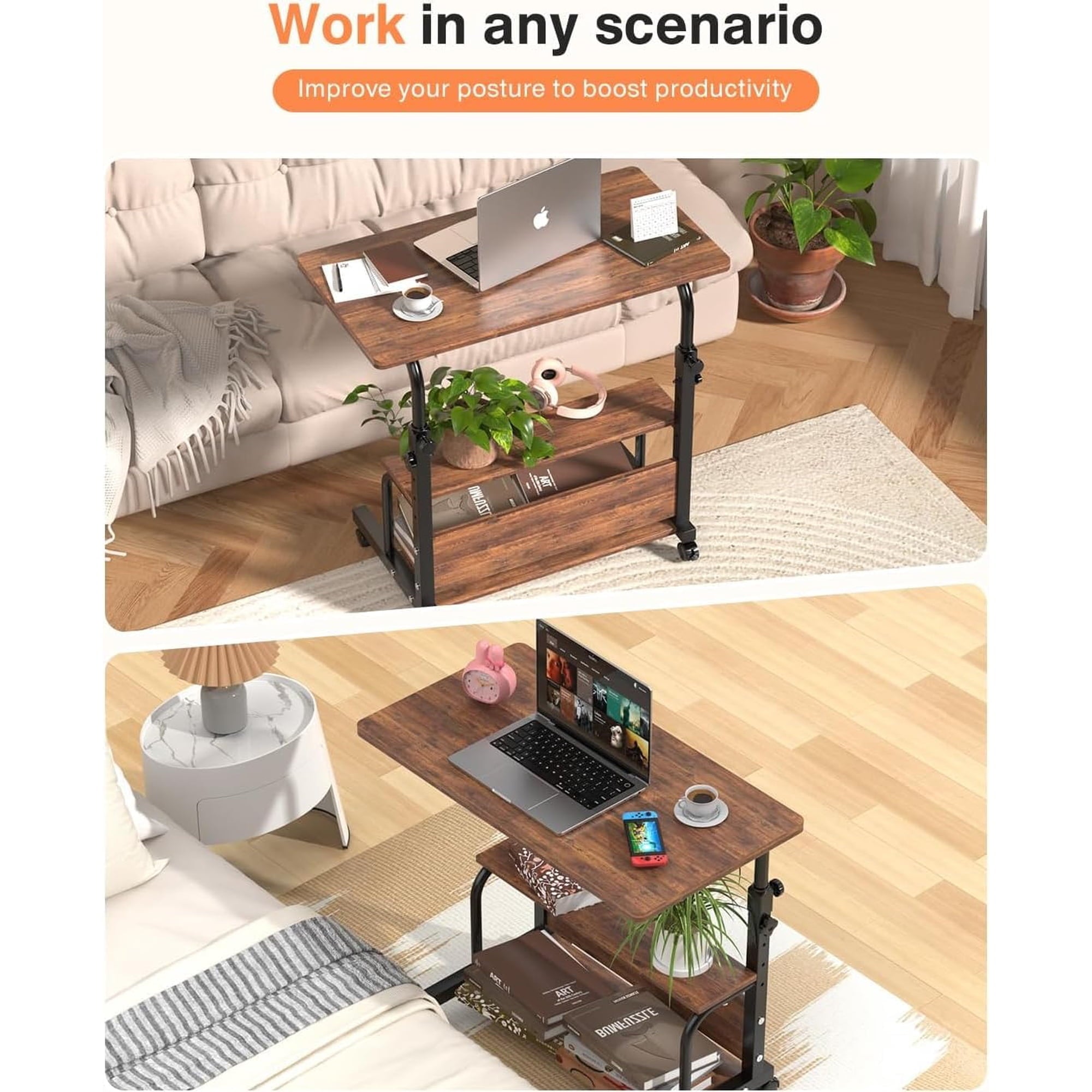 KLSMYHOKI Portable Rolling Desk on Wheels Adjustable Height Desks for Small Spaces, 32" Computer Desk Drafting Tables with Storage Shelves for Home Office ,Rustic
