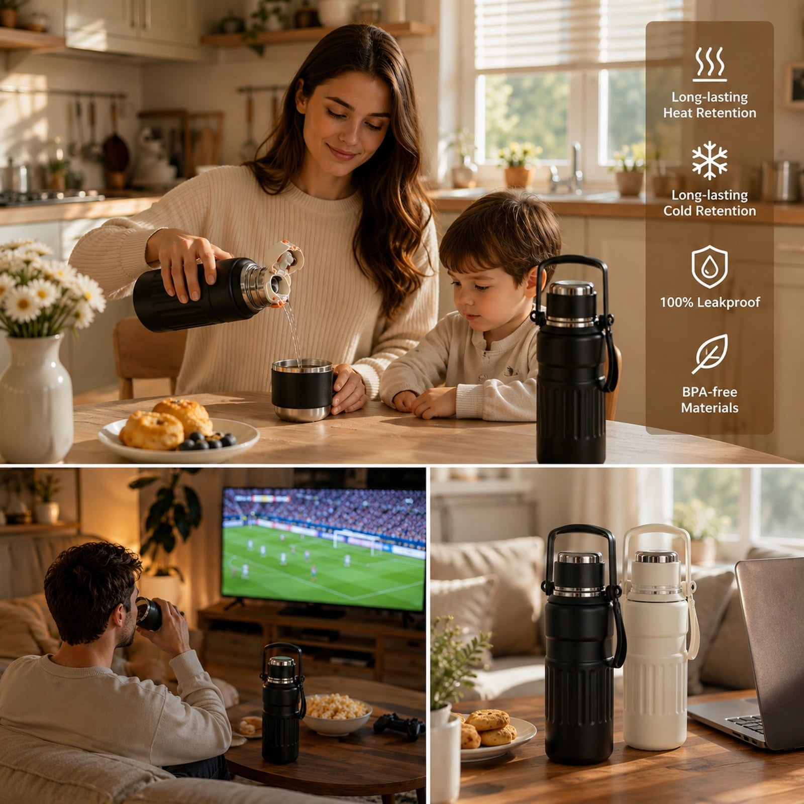 3-in-1 Insulated Water Bottle, 34oz Leakproof Stainless Steel Thermos with Straw & Spout Lid, 316 Stainless Steel Interior, Handle & Adjustable Strap for Work, Gym, Travel & Hot or Cold Drinks
