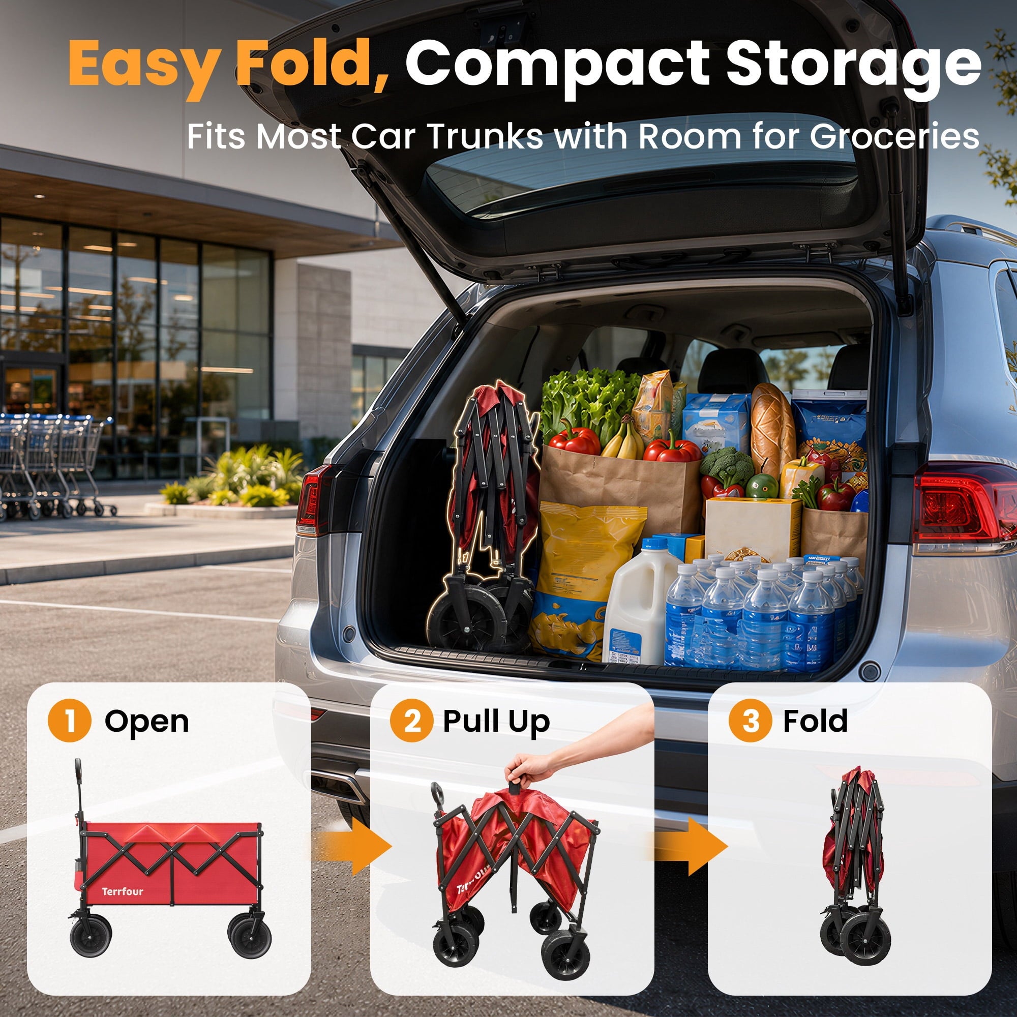 Terrfour 580LBS Collapsible Folding Wagon, Heavy Duty Utility Cart for Grocery, Shopping, Garden, Sports, Camping, Red
