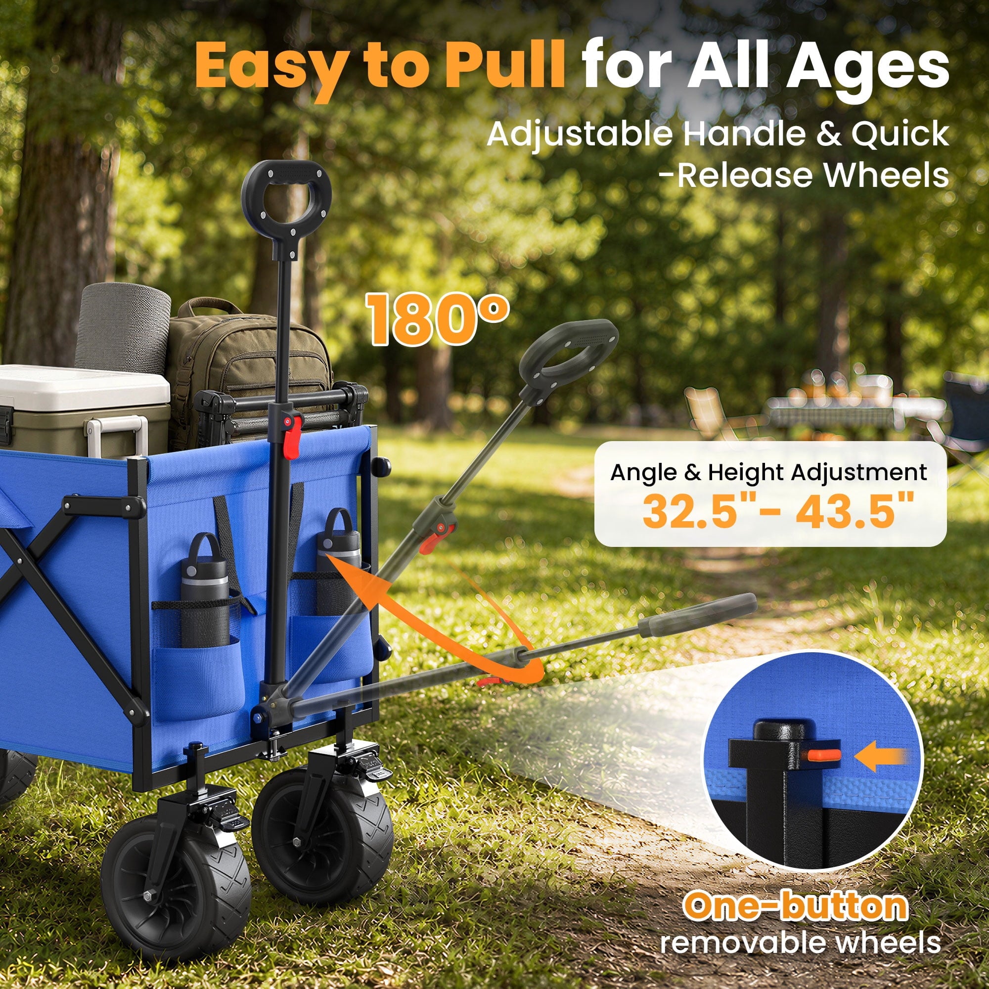 Terrfour Collapsible Wagon Cart, Folding Utility Heavy Duty Wagons for Grocery Sports Garden Shopping Camping, Blue