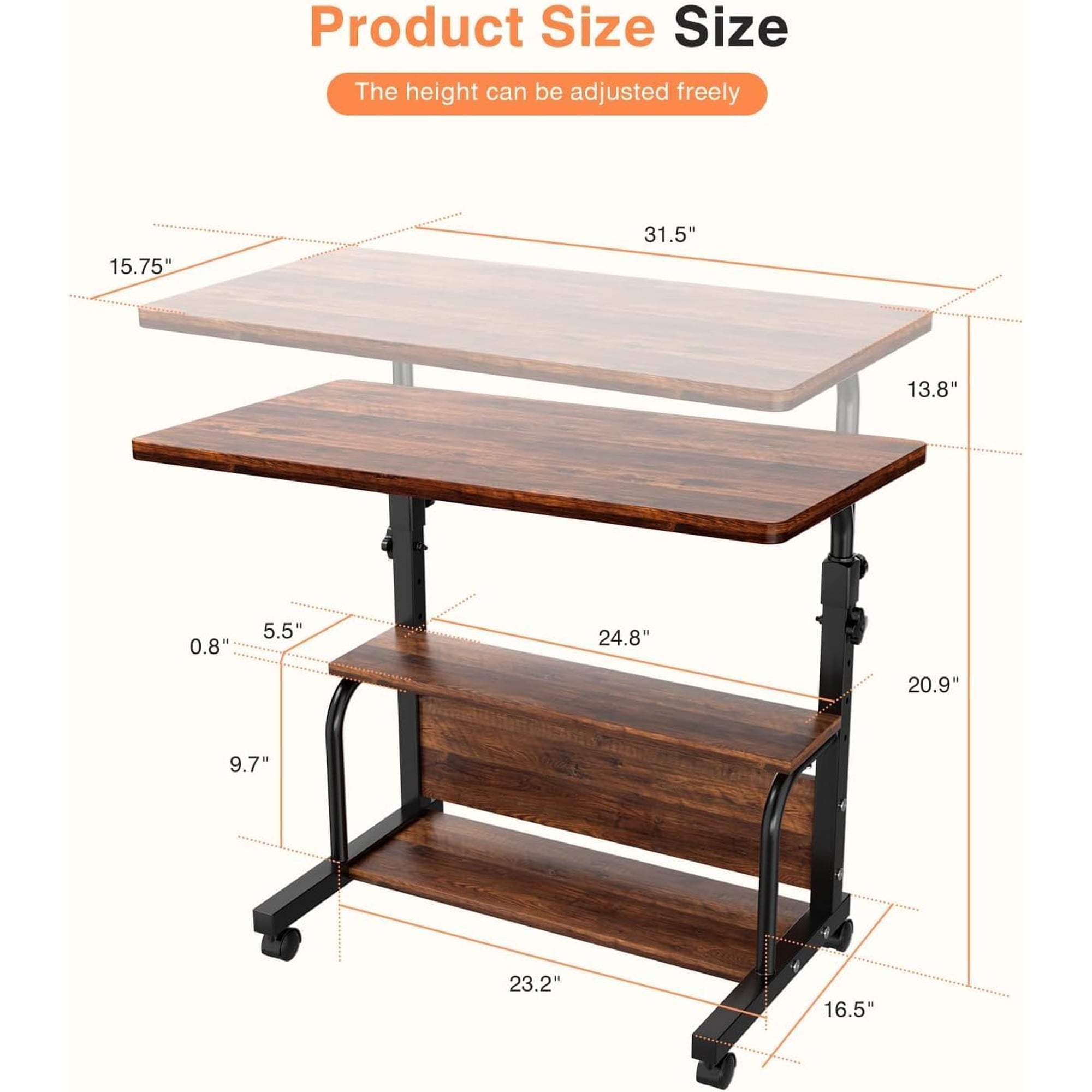 KLSMYHOKI Portable Rolling Desk on Wheels Adjustable Height Desks for Small Spaces, 32" Computer Desk Drafting Tables with Storage Shelves for Home Office ,Rustic
