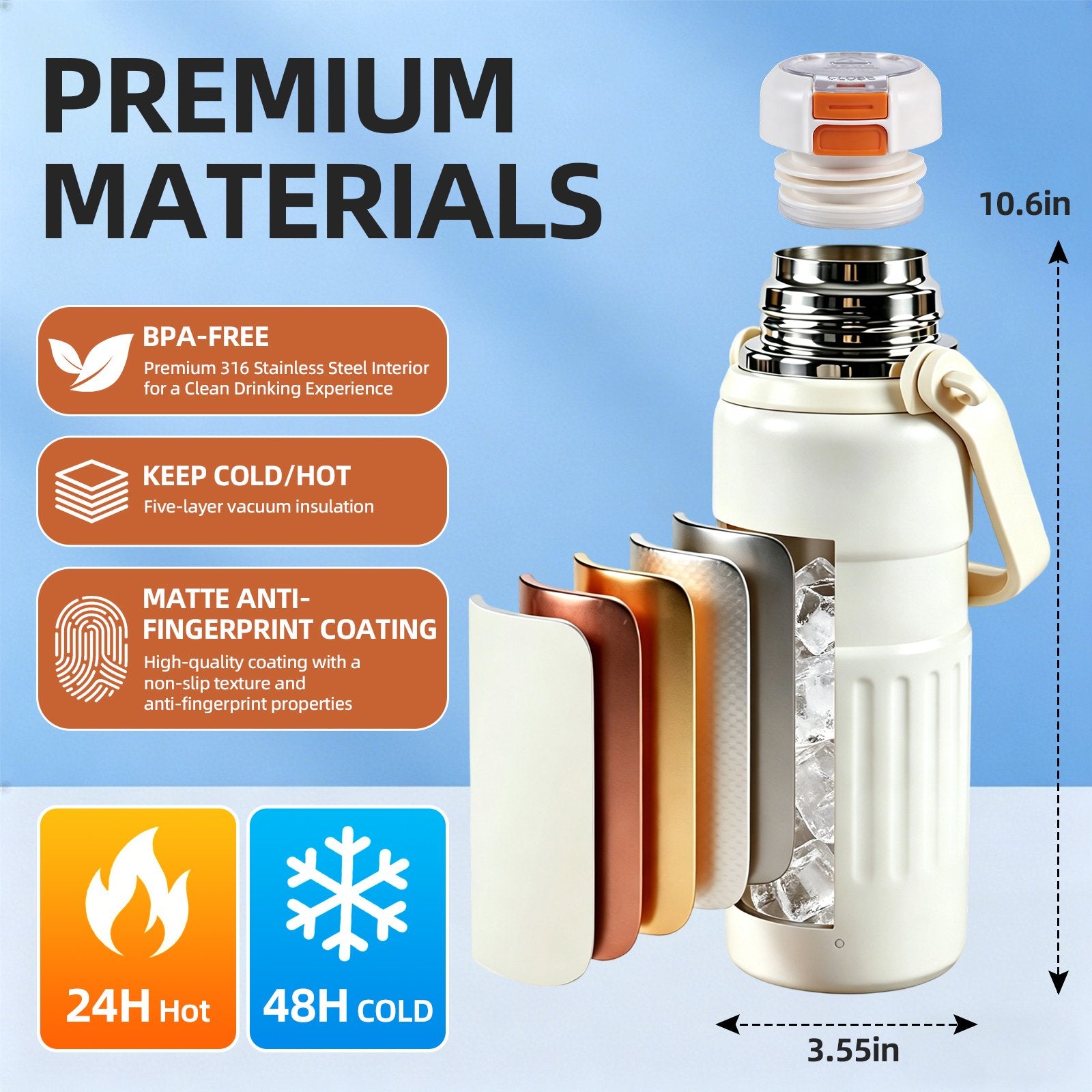 3-in-1 Insulated Water Bottle, 34oz Leakproof Stainless Steel Thermos with Straw & Spout Lid, 316 Stainless Steel Interior(Beige), Handle & Adjustable Strap for Work, Gym, Travel & Hot or Cold Drinks