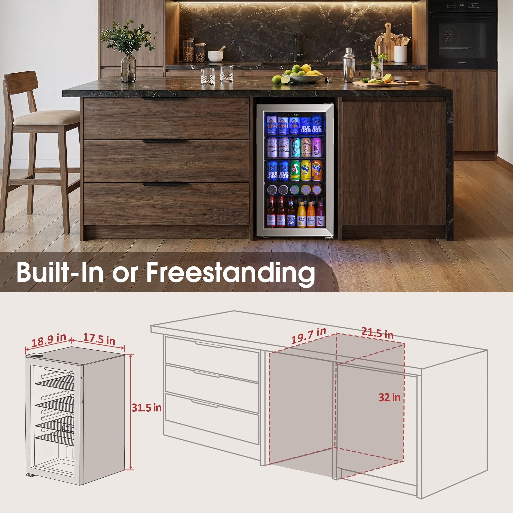 Qunler 130 Can Beverage Cooler Refrigerator with Glass Door for Beer Soda Water, Drink Fridge for Home Bar, Silver