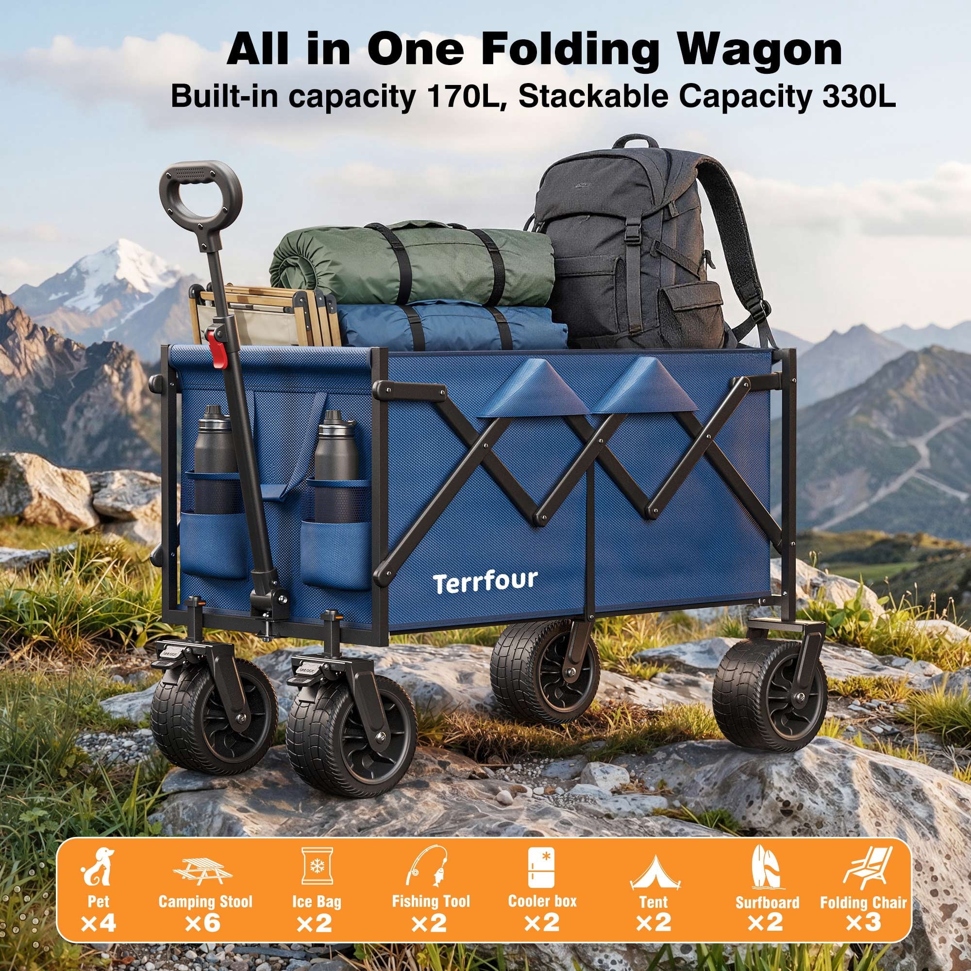 Terrfour Collapsible Wagon Cart with Tank Wheels, 580LBS Heavy Duty Folding Beach Wagon for Camping Garden Sports Shopping, Navy Blue