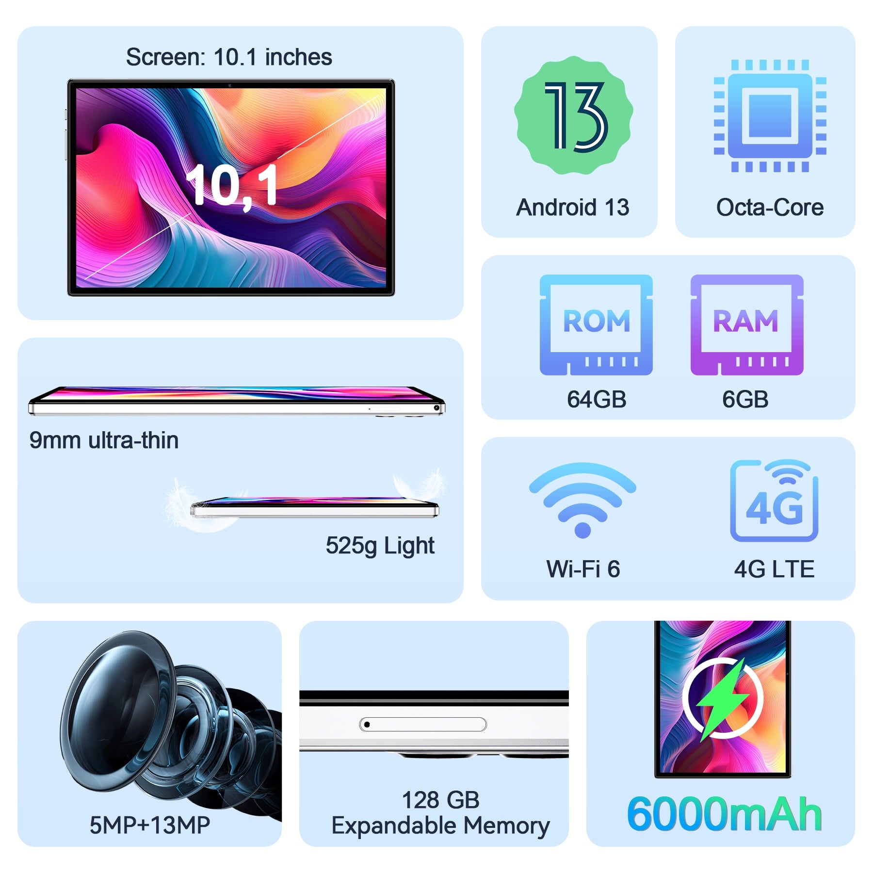 VEAT00L Tablet,10.1 inch Android 13 Tablets 2026,6GB RAM 64GB ROM 128GB Expand,Octa-Core Processor up with 5G WiFi,1280x800 IPS HD Touchscreen,6000mAh Battery, Bluetooth, Dual Camera, GMS