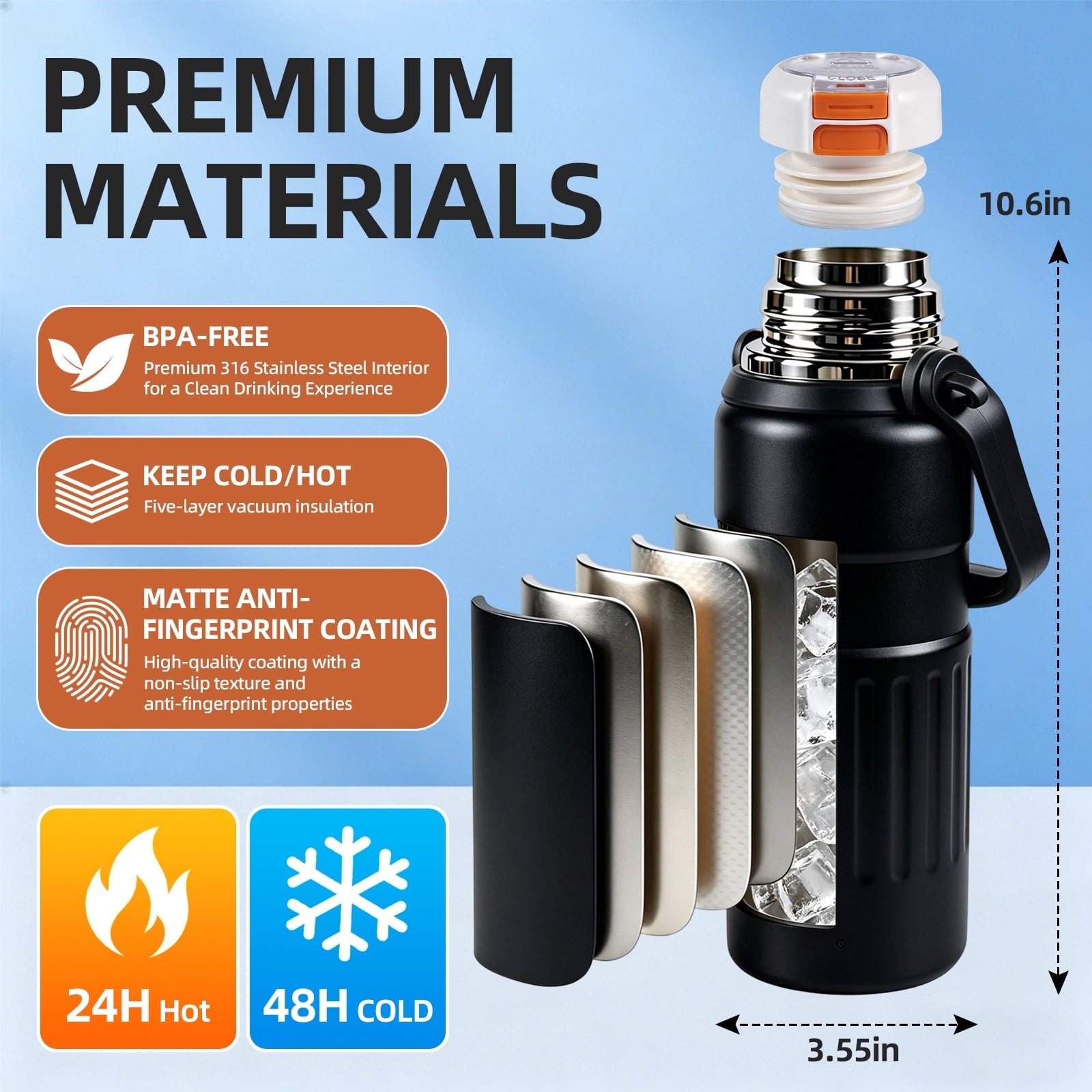 3-in-1 Insulated Water Bottle, 34oz Leakproof Stainless Steel Thermos with Straw & Spout Lid, 316 Stainless Steel Interior, Handle & Adjustable Strap for Work, Gym, Travel & Hot or Cold Drinks