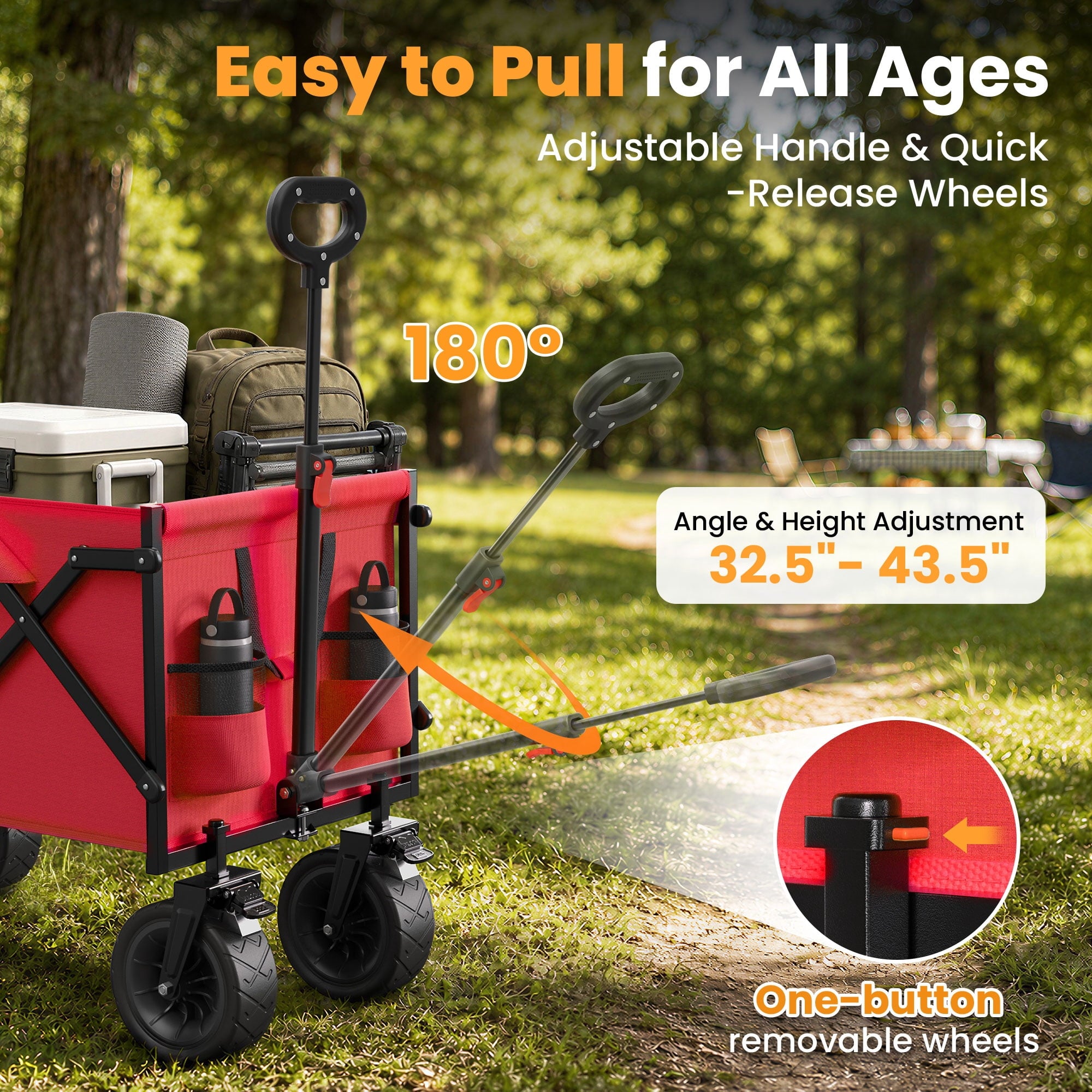 Terrfour 580LBS Collapsible Folding Wagon, Heavy Duty Utility Cart for Grocery, Shopping, Garden, Sports, Camping, Red