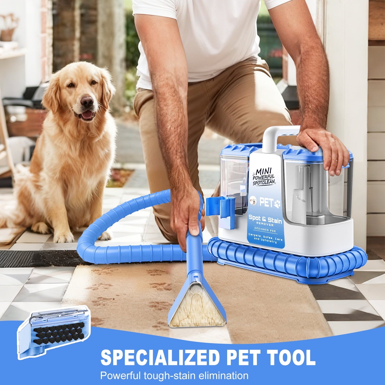 SUXIANGVAC Portable Carpet and Upholstery Spot Cleaner Machine, 30Kpa Powerful Suction with 5 Cleaning Tools, 17oz Cleaning Solution, Lightweight Compact Design, Deep Clean for Car, Home, Blue