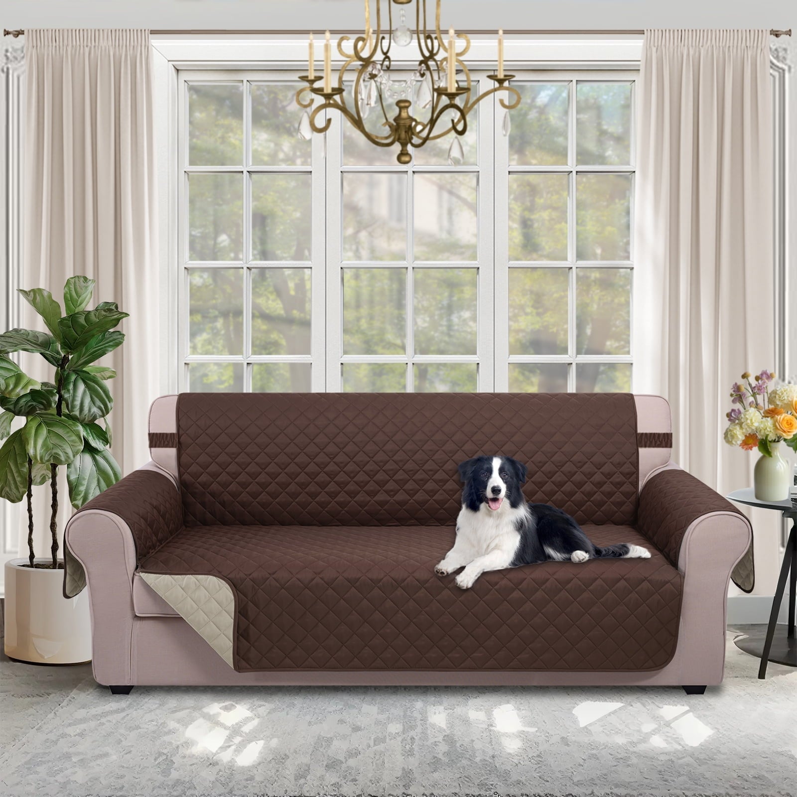 U-NICE HOME Reversible Sofa Cover 3-Seater, Washable, Water Repellent, Elastic Straps, Chocolate/Beige