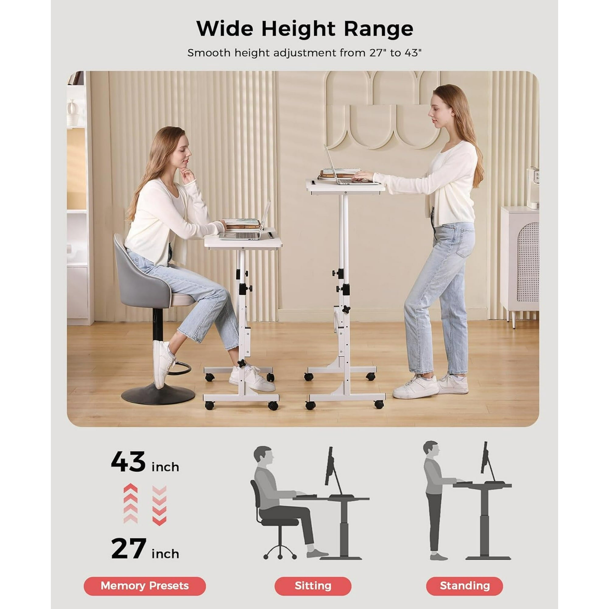 KLSMYHOKI Standing Desk Adjustable Height, Mobile Stand Up Desk with Wheels Small Computer Desk Rolling Desk, Portable Laptop Desk White Standing Table Home Office Desks 16"x31.5" Height 27"-43.5"