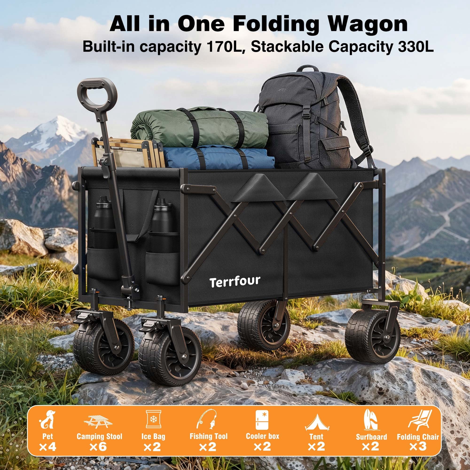 Terrfour Collapsible Wagon Cart with Tank Wheels, 580LBS Heavy Duty Folding Beach Wagon with Side Pocket for Camping Garden Sports Shopping, Black