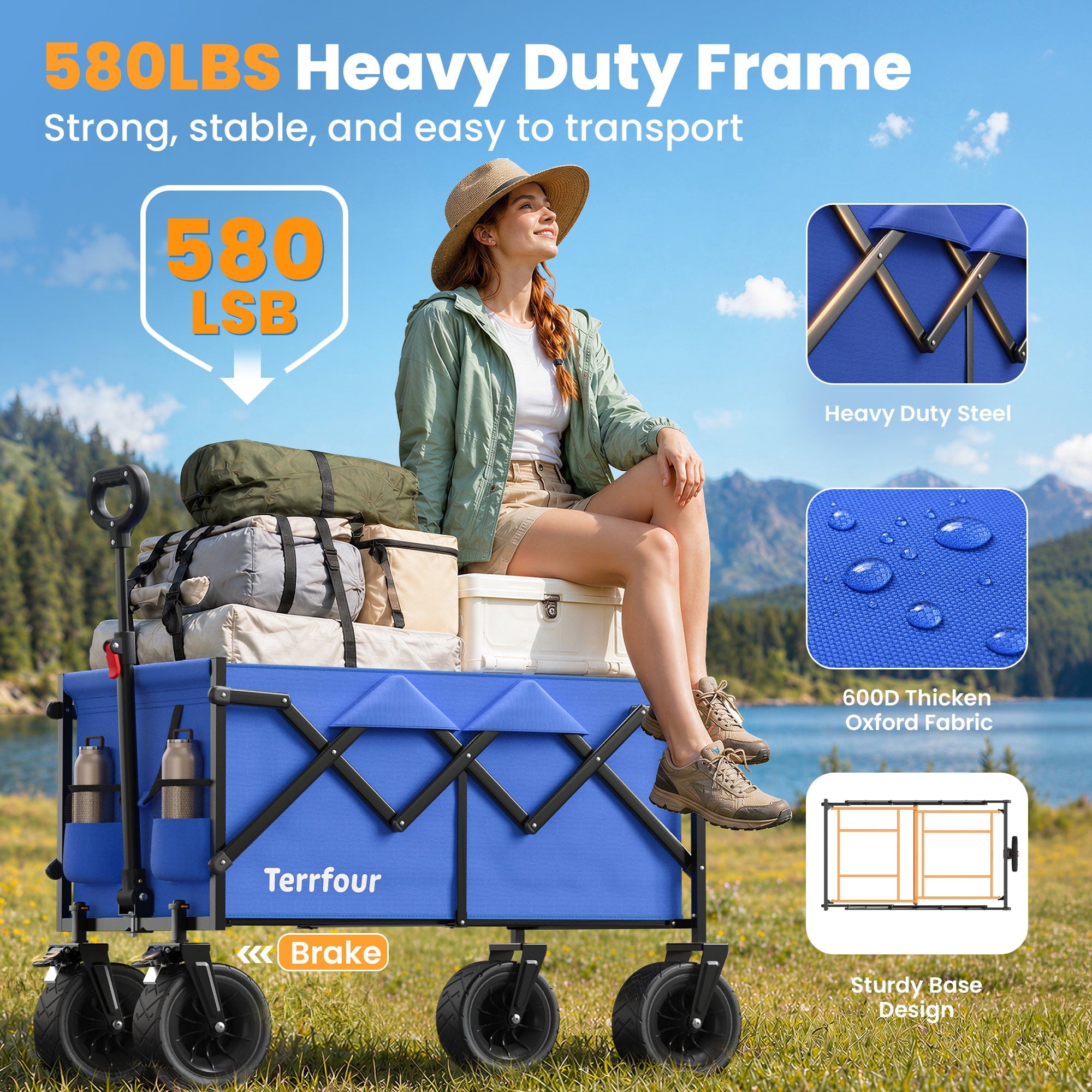 Terrfour Collapsible Wagon Cart, Folding Utility Heavy Duty Wagons for Grocery Sports Garden Shopping Camping, Blue