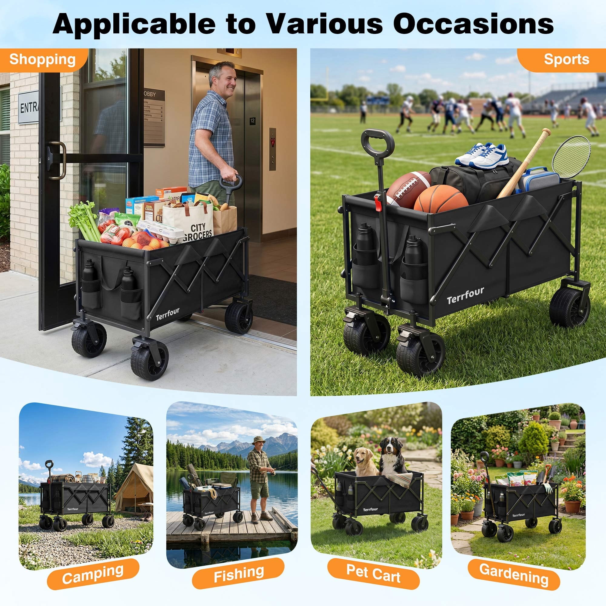 Terrfour Collapsible Wagon Cart with Tank Wheels, 580LBS Heavy Duty Folding Beach Wagon with Side Pocket for Camping Garden Sports Shopping, Black