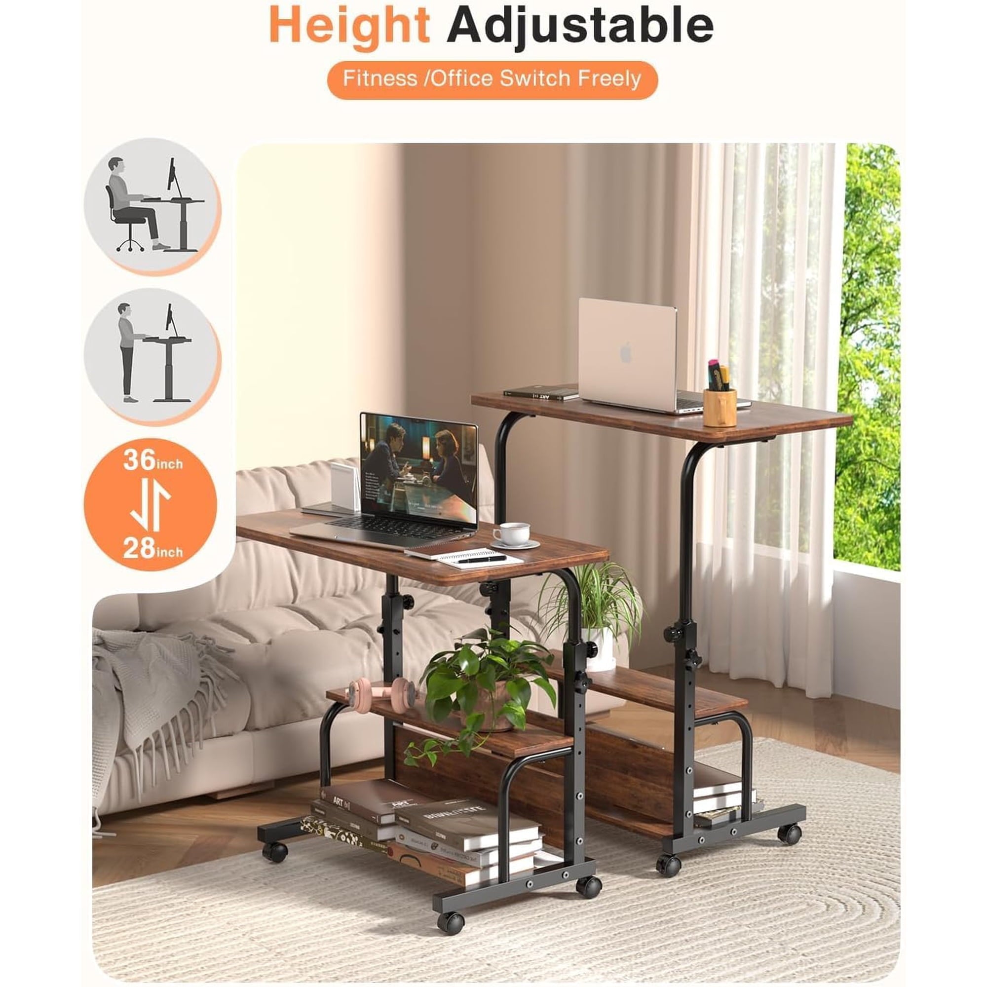 KLSMYHOKI Portable Rolling Desk on Wheels Adjustable Height Desks for Small Spaces, 32" Computer Desk Drafting Tables with Storage Shelves for Home Office ,Rustic