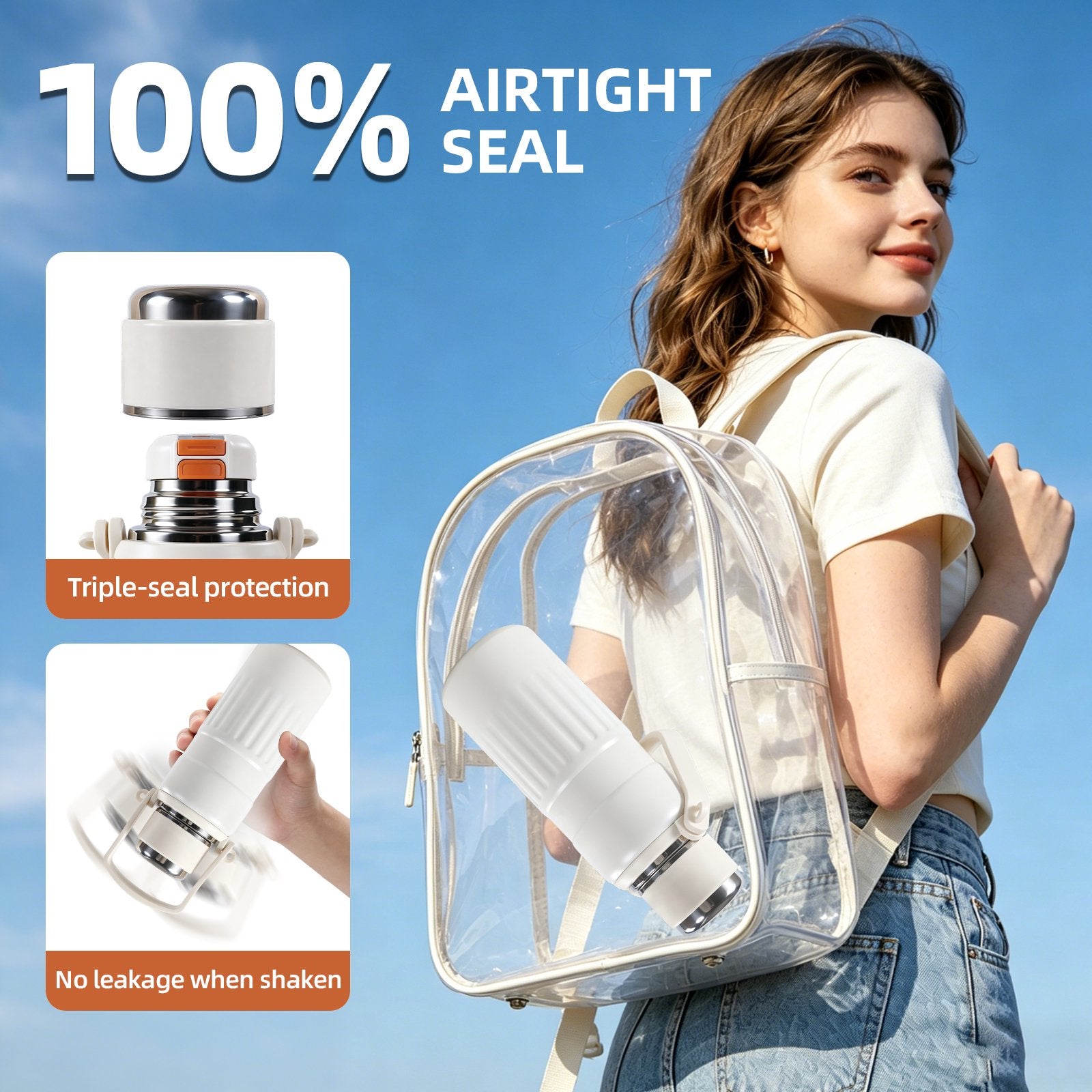 3-in-1 Insulated Water Bottle, 34oz Leakproof Stainless Steel Thermos with Straw & Spout Lid, 316 Stainless Steel Interior(Beige), Handle & Adjustable Strap for Work, Gym, Travel & Hot or Cold Drinks