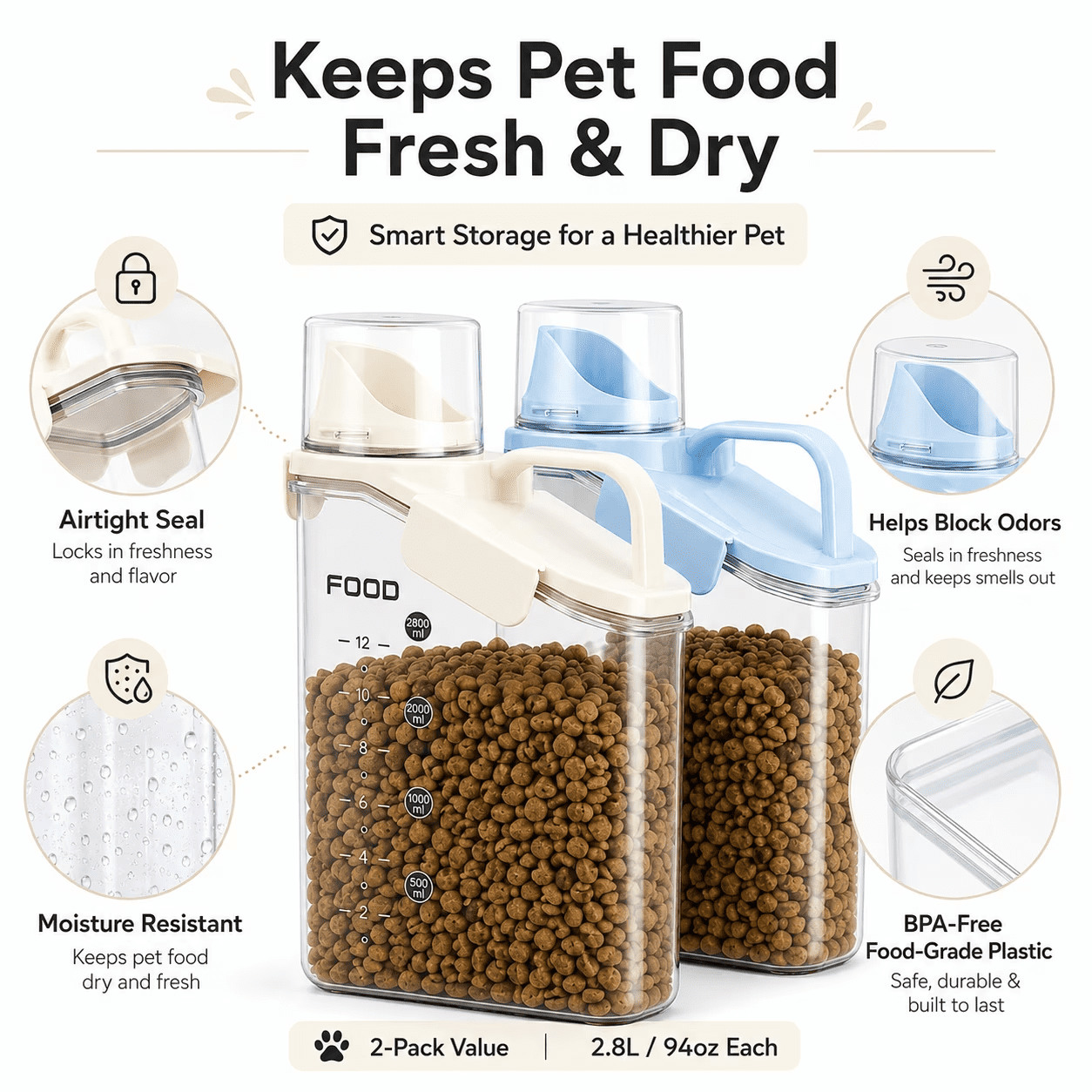 2 Pack 2.8L 94oz Airtight BPA Free Dry Pet Food Storage Dispenser with Measuring Cup and Pour Spout (Blue & White)