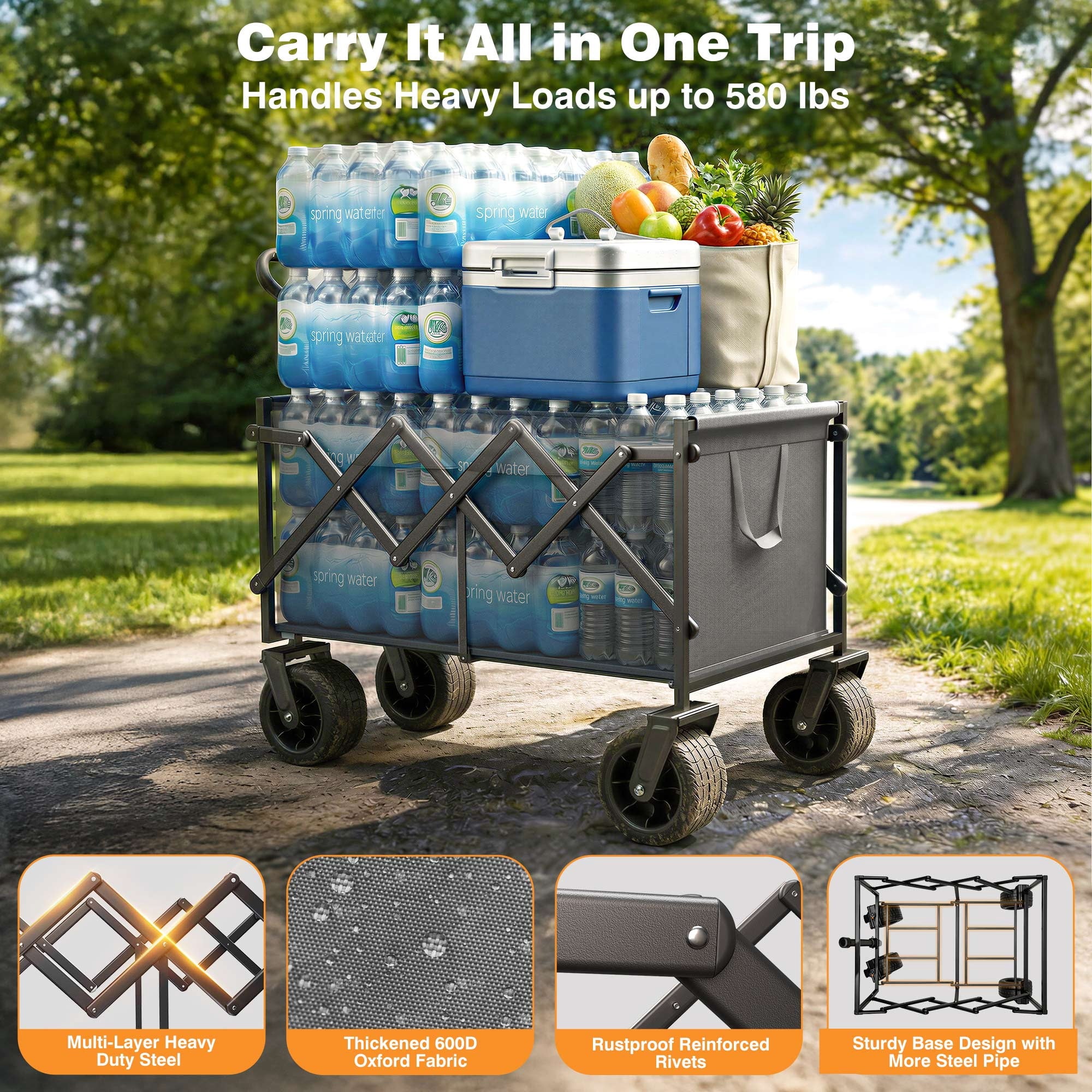 580LBS Portable Foldable Wagon Cart, Collapsible Utility Heavy Duty Wagons Carts for Grocery Sports Garden Shopping Camping,Gray