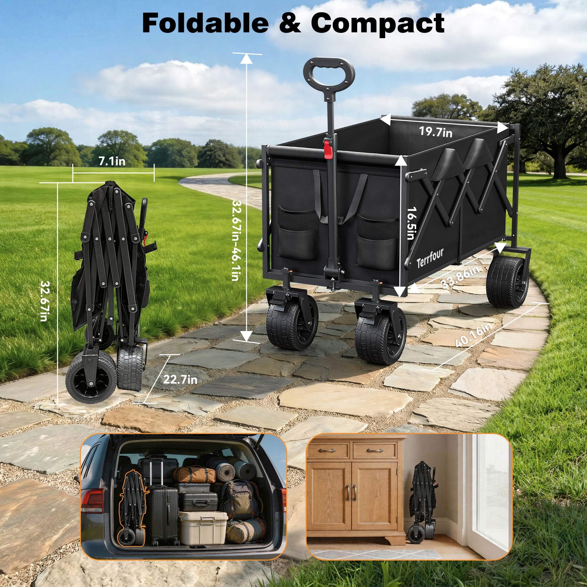 Terrfour Collapsible Wagon Cart with Tank Wheels, 580LBS Heavy Duty Folding Beach Wagon with Side Pocket for Camping Garden Sports Shopping, Black
