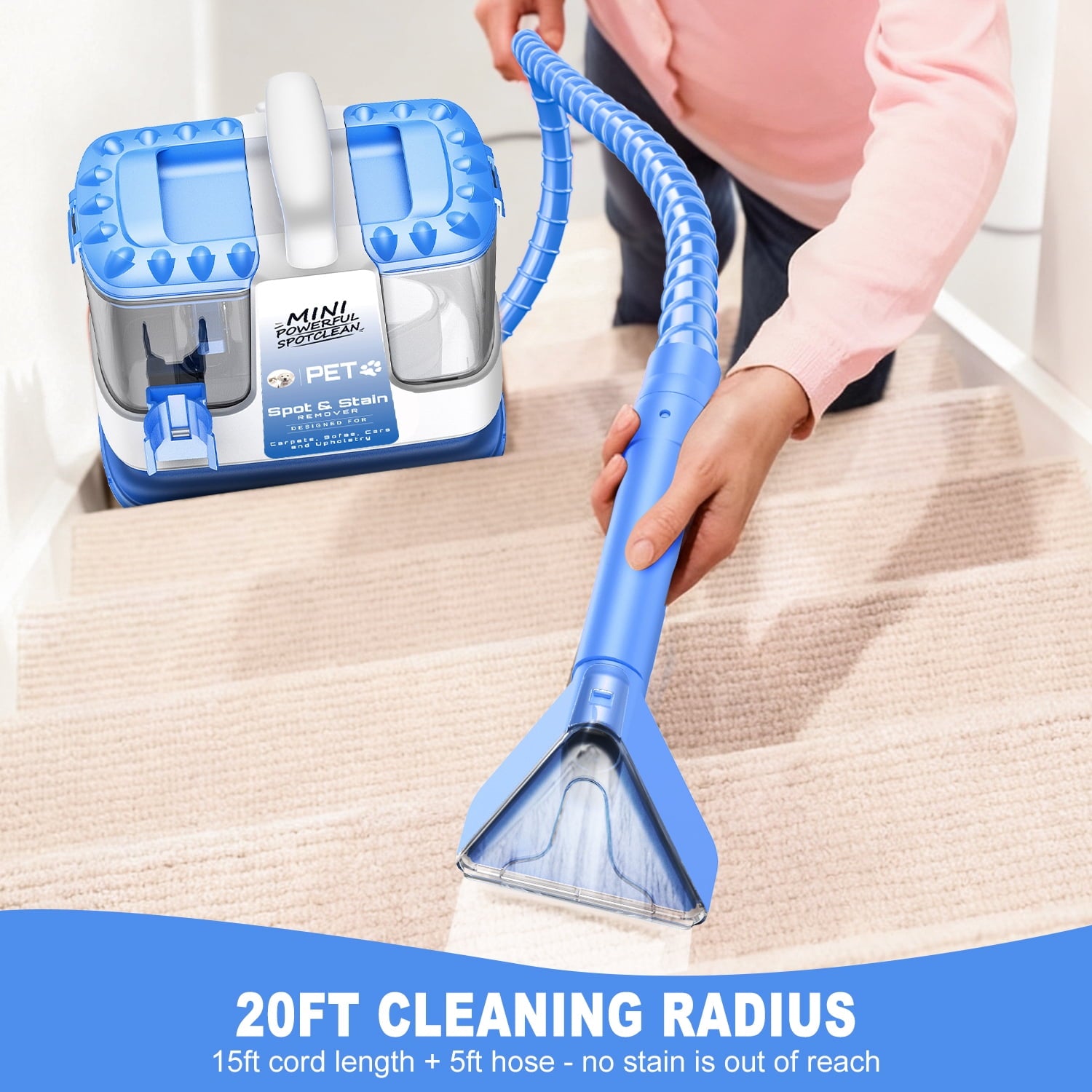 SUXIANGVAC Portable Carpet and Upholstery Spot Cleaner Machine, 30Kpa Powerful Suction with 5 Cleaning Tools, 17oz Cleaning Solution, Lightweight Compact Design, Deep Clean for Car, Home, Blue